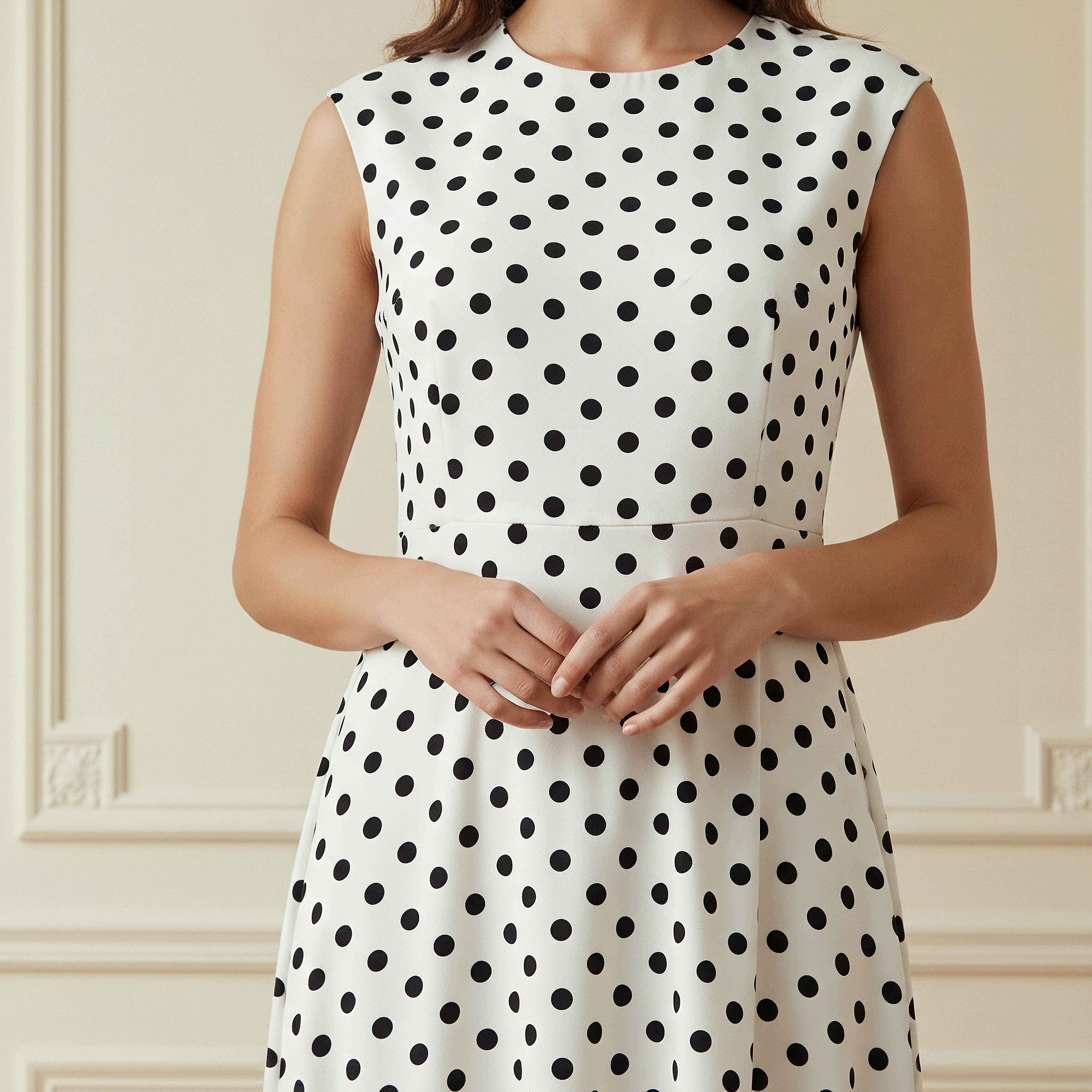 Polka Dot Print Sleeveless Knee length Dress with Crew Neck-women-clothing-dresses-image-4