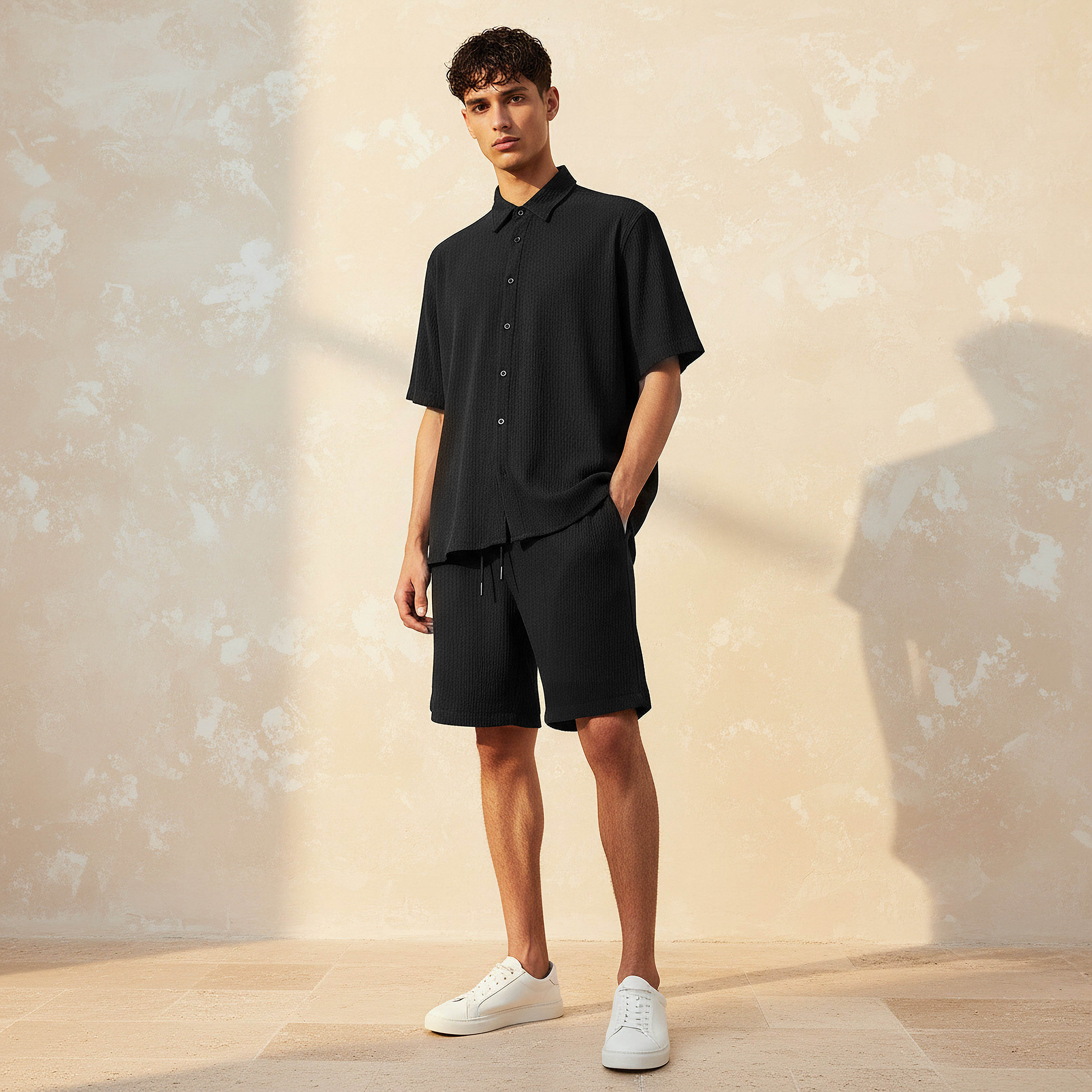 Men Textured Short Sleeve Shirt and Shorts Set-men-clothing-coordsets-image-1