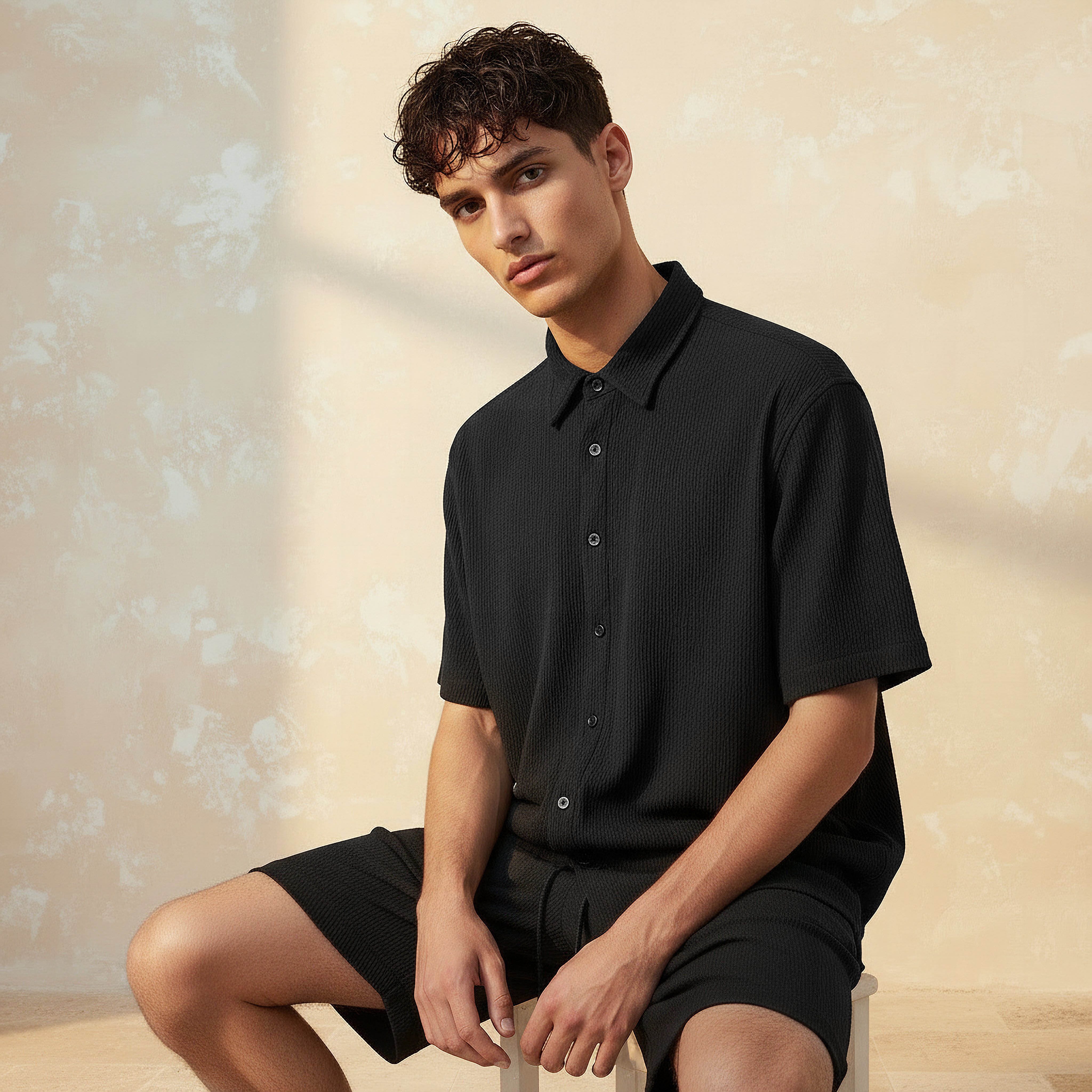 Men Textured Short Sleeve Shirt and Shorts Set-men-clothing-coordsets-image-3