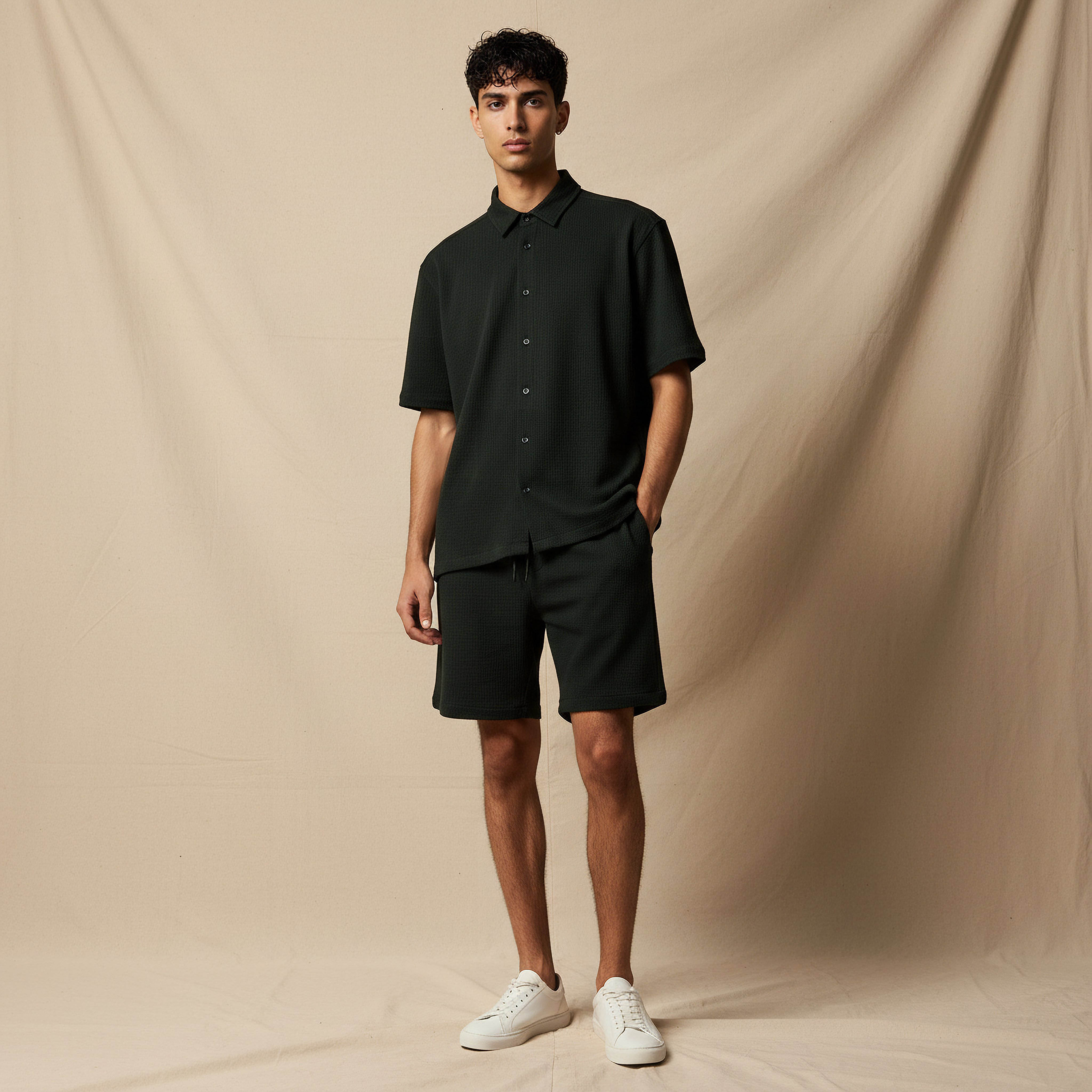 Men Textured Short Sleeve Shirt and Shorts Set-men-clothing-coordsets-image-1