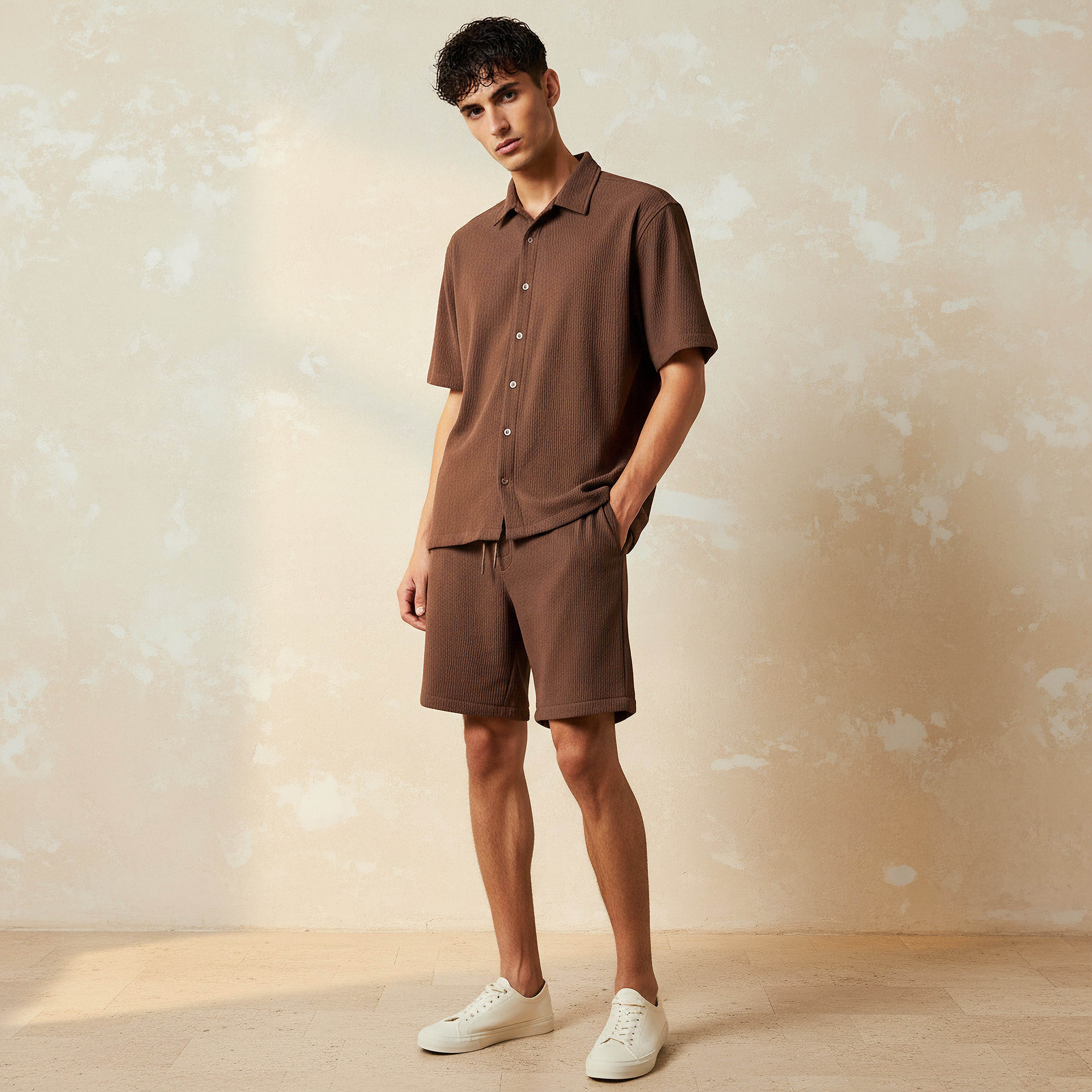 Men Textured Short Sleeve Shirt and Shorts Set-men-clothing-coordsets-image-1