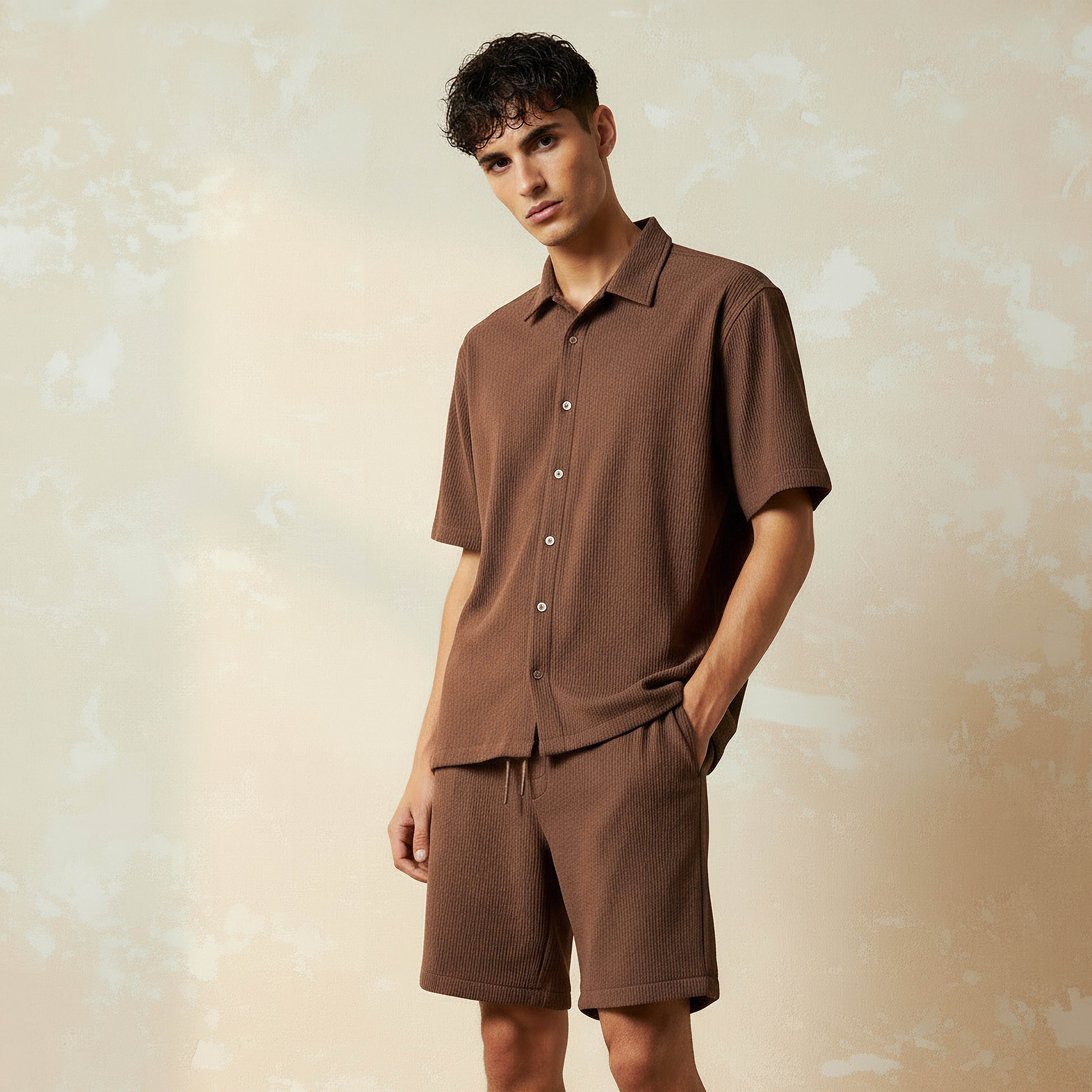 Men Textured Short Sleeve Shirt and Shorts Set-men-clothing-coordsets-image-6