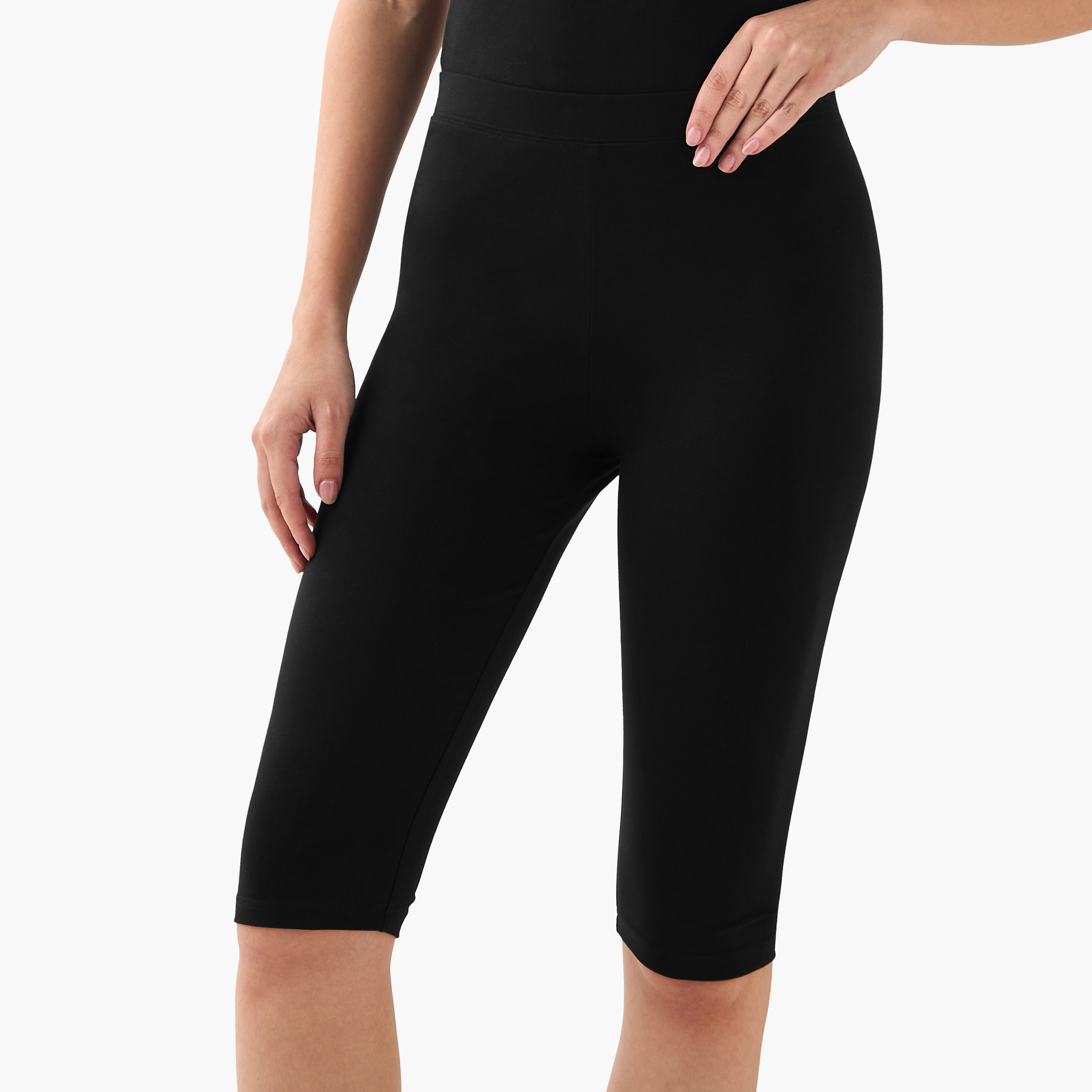 Pack of 2 Mid-Rise Knee Length Leggings with Elasticated Waistband-women-clothing-bottoms-leggings-image-2