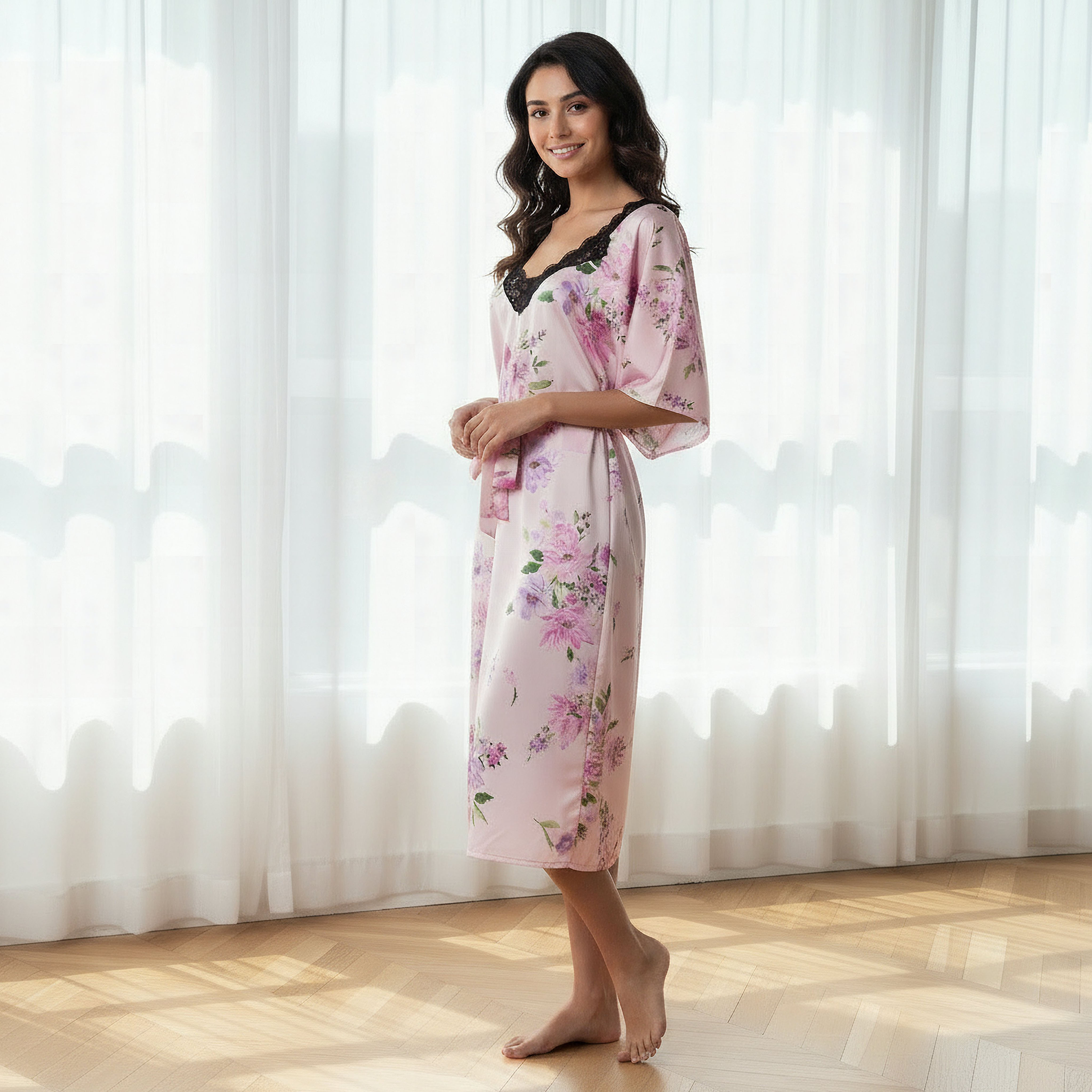 Aadaraya Night Dress Short Sleeve Floral Print-women-clothing-nightwear-nighties-image-2