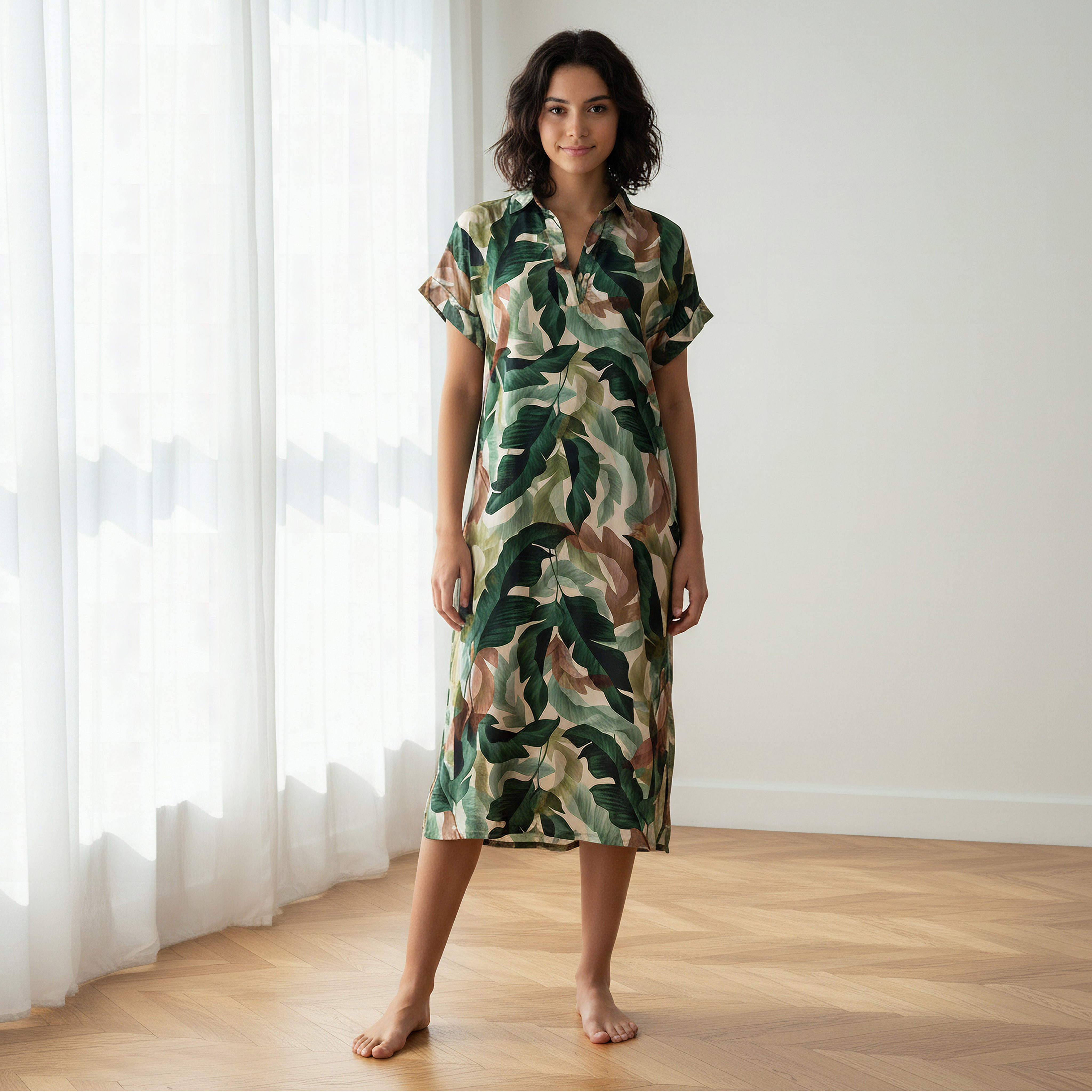 Aadaraya Night Dress Short Sleeve Tropical Print-women-clothing-nightwear-nighties-image-1