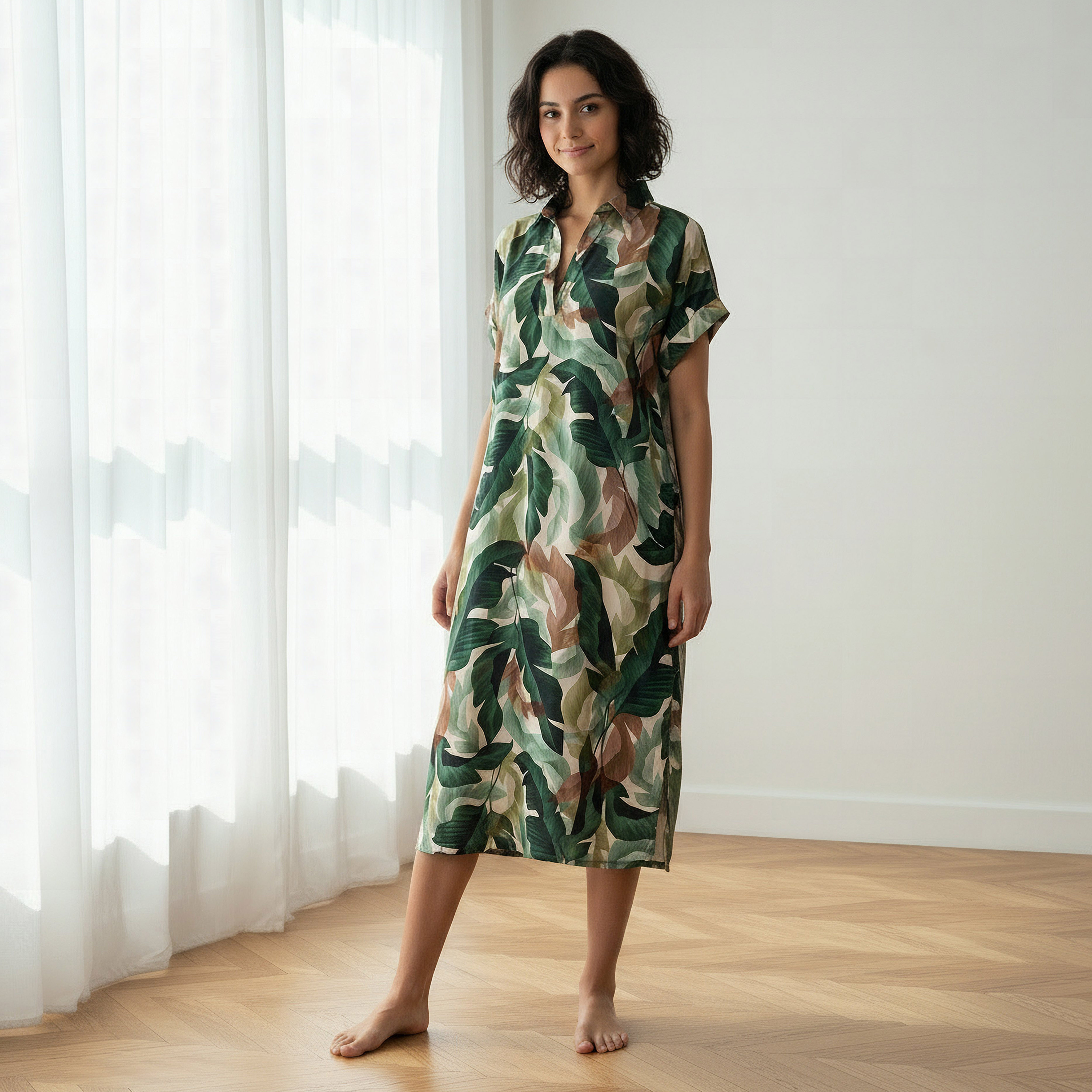 Aadaraya Night Dress Short Sleeve Tropical Print-women-clothing-nightwear-nighties-image-2