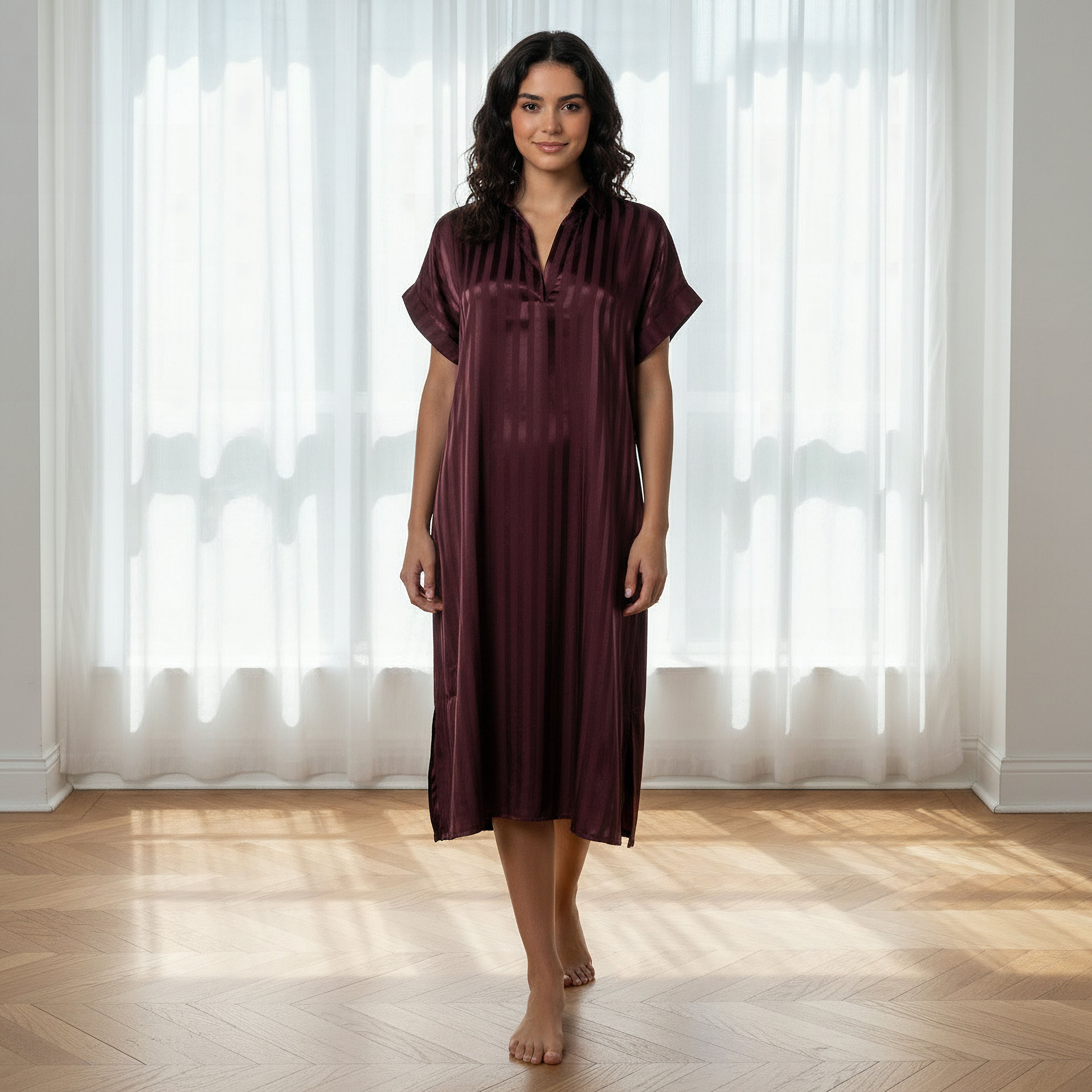 Aadaraya Night Dress Short Sleeve Striped-women-clothing-nightwear-nighties-image-1