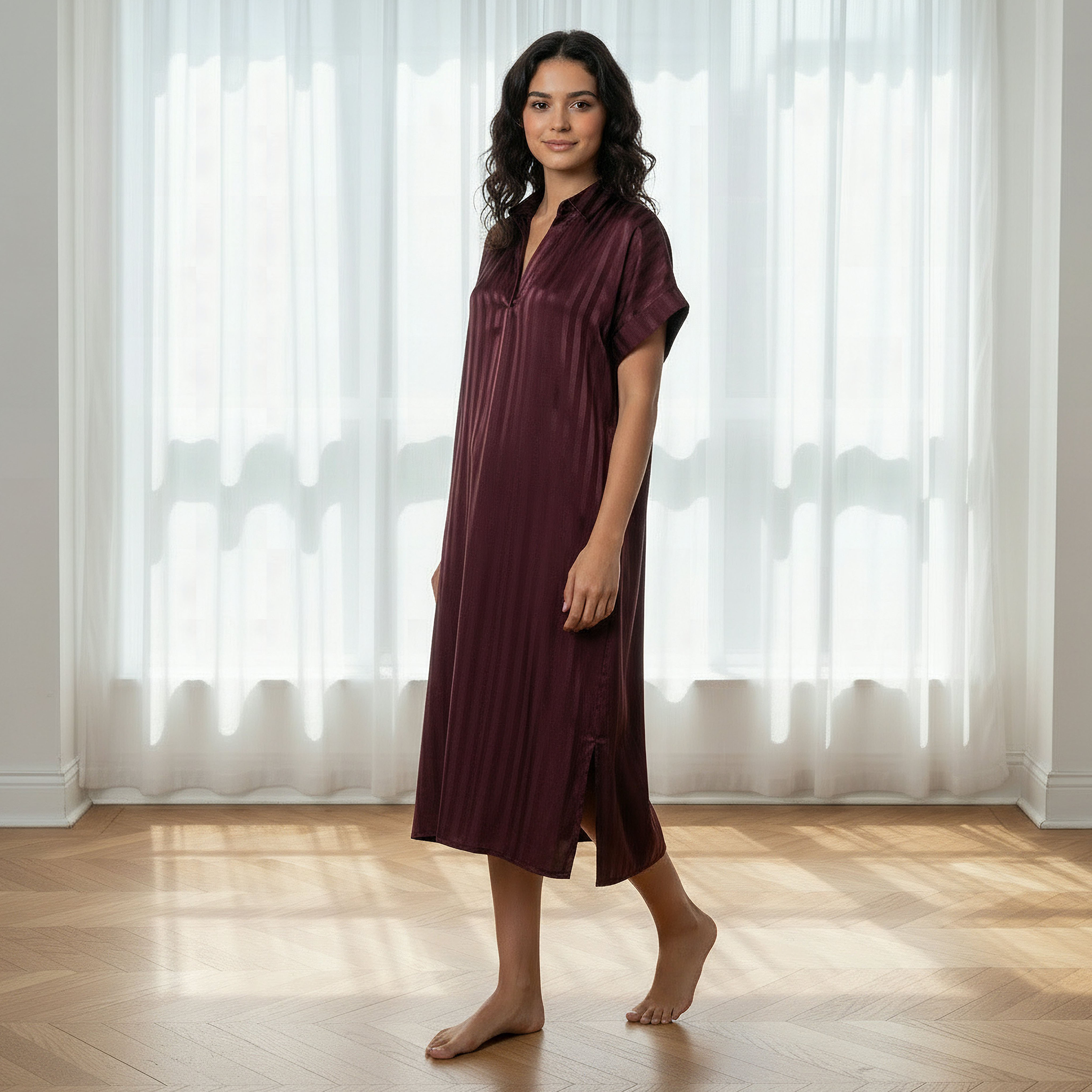 Aadaraya Night Dress Short Sleeve Striped-women-clothing-nightwear-nighties-image-2