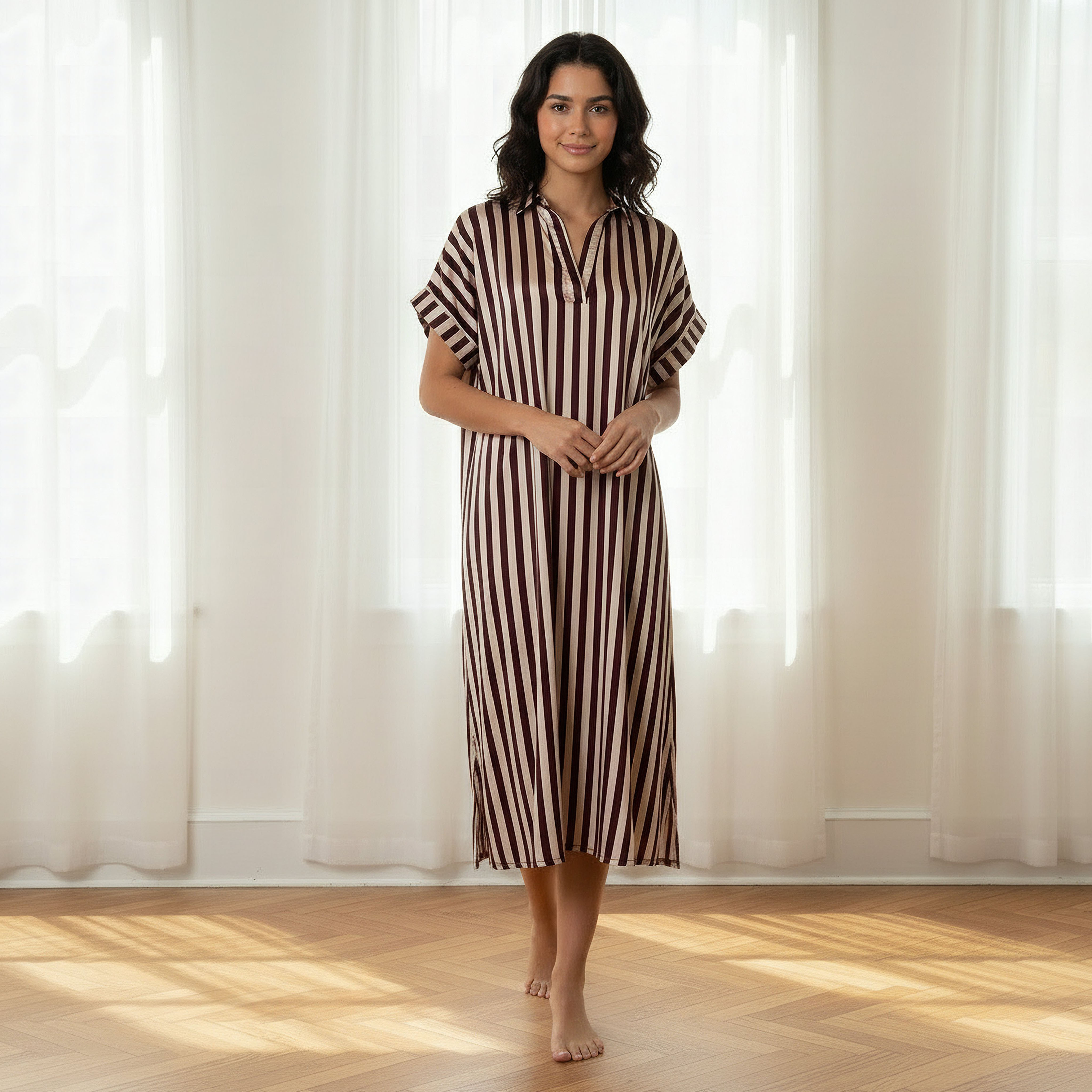 Aadaraya Night Dress Short Sleeve Striped-women-clothing-nightwear-nighties-image-1