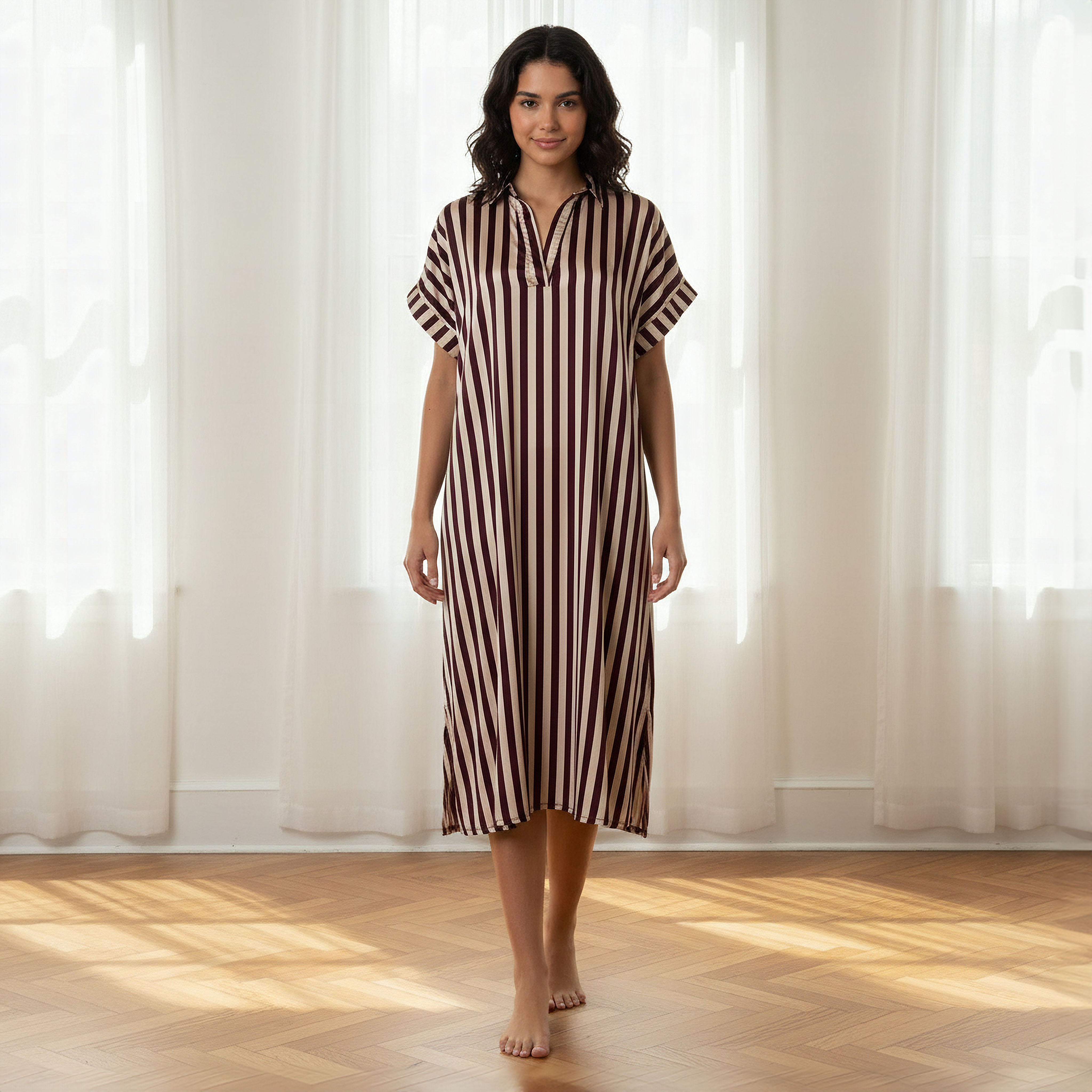 Aadaraya Night Dress Short Sleeve Striped-women-clothing-nightwear-nighties-image-2