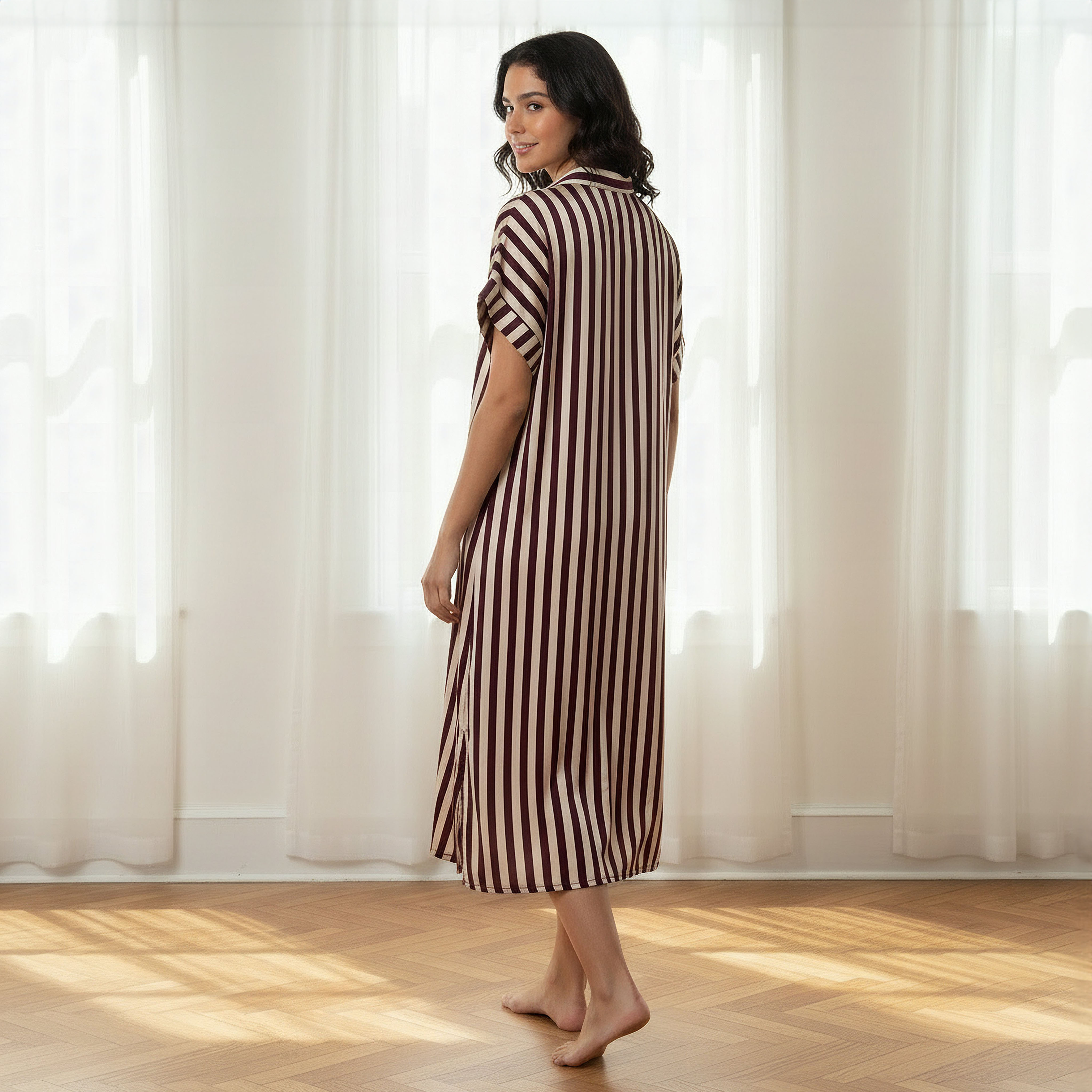 Aadaraya Night Dress Short Sleeve Striped-women-clothing-nightwear-nighties-image-3