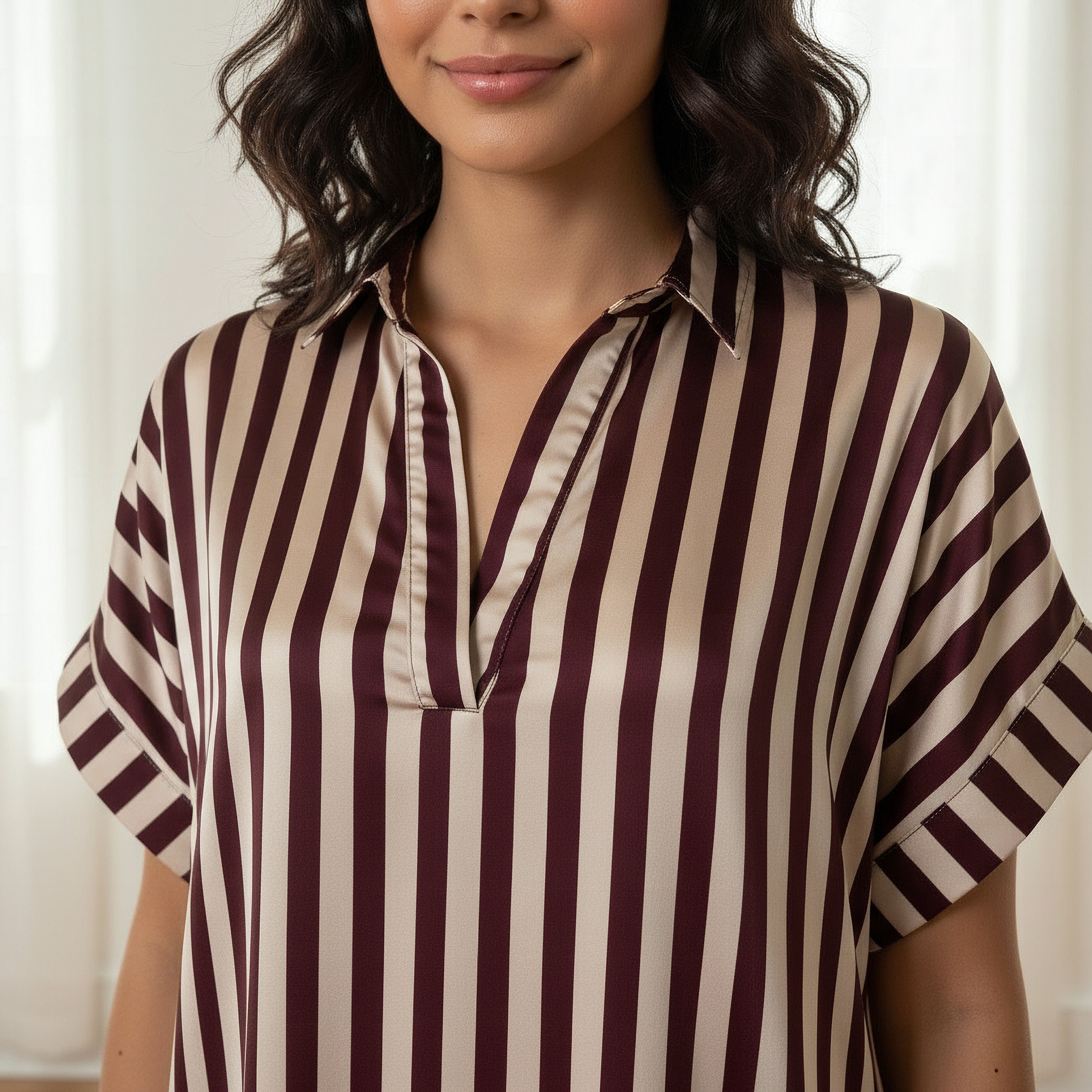 Aadaraya Night Dress Short Sleeve Striped-women-clothing-nightwear-nighties-image-4