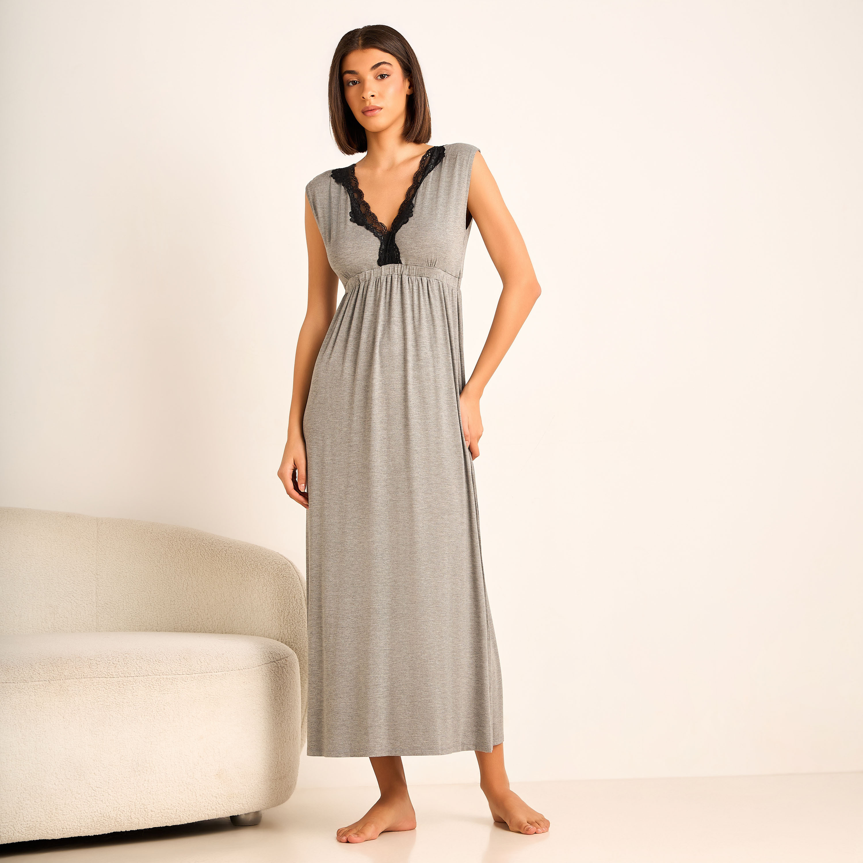 Aadaraya Night Gown Short Sleeves Lace Trim-women-clothing-nightwear-nighties-image-1