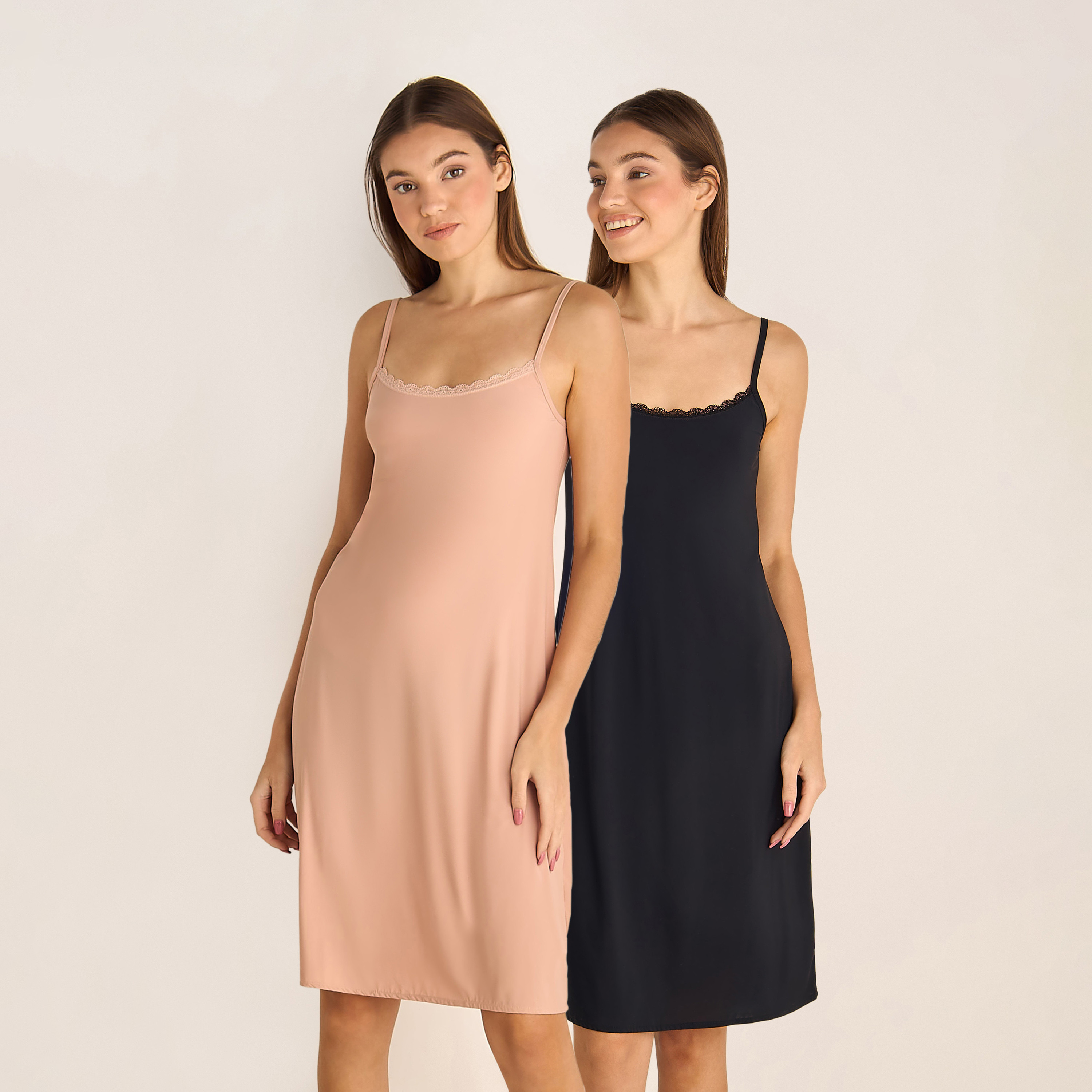 Set of 2 - Long Slip Dress Sleeveless Lace Trim-women-clothing-nightwear-nighties-image-1