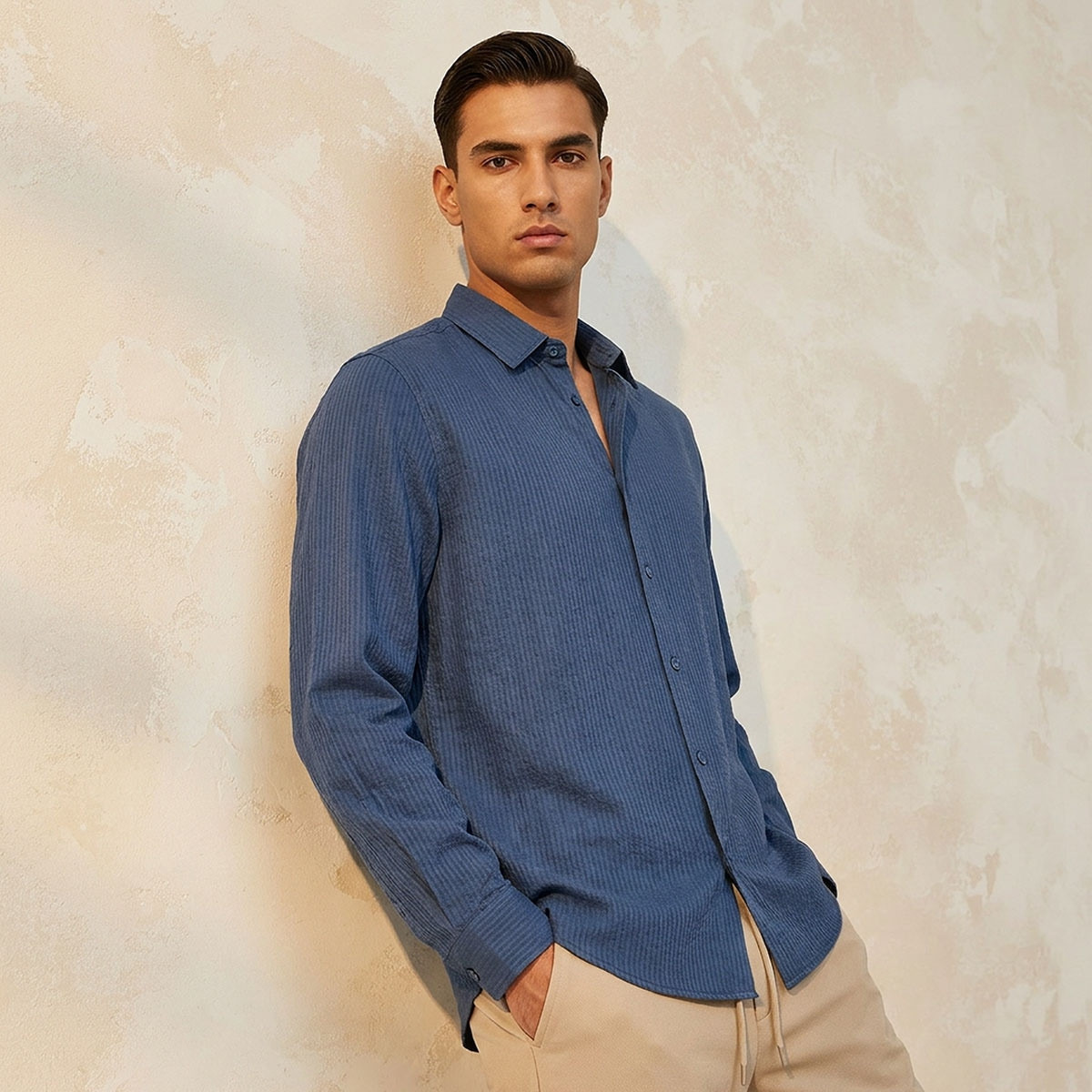 Men Regular Fit Collared Striped Long Sleeve Linen Blend Shirt-men-clothing-shirts-image-1