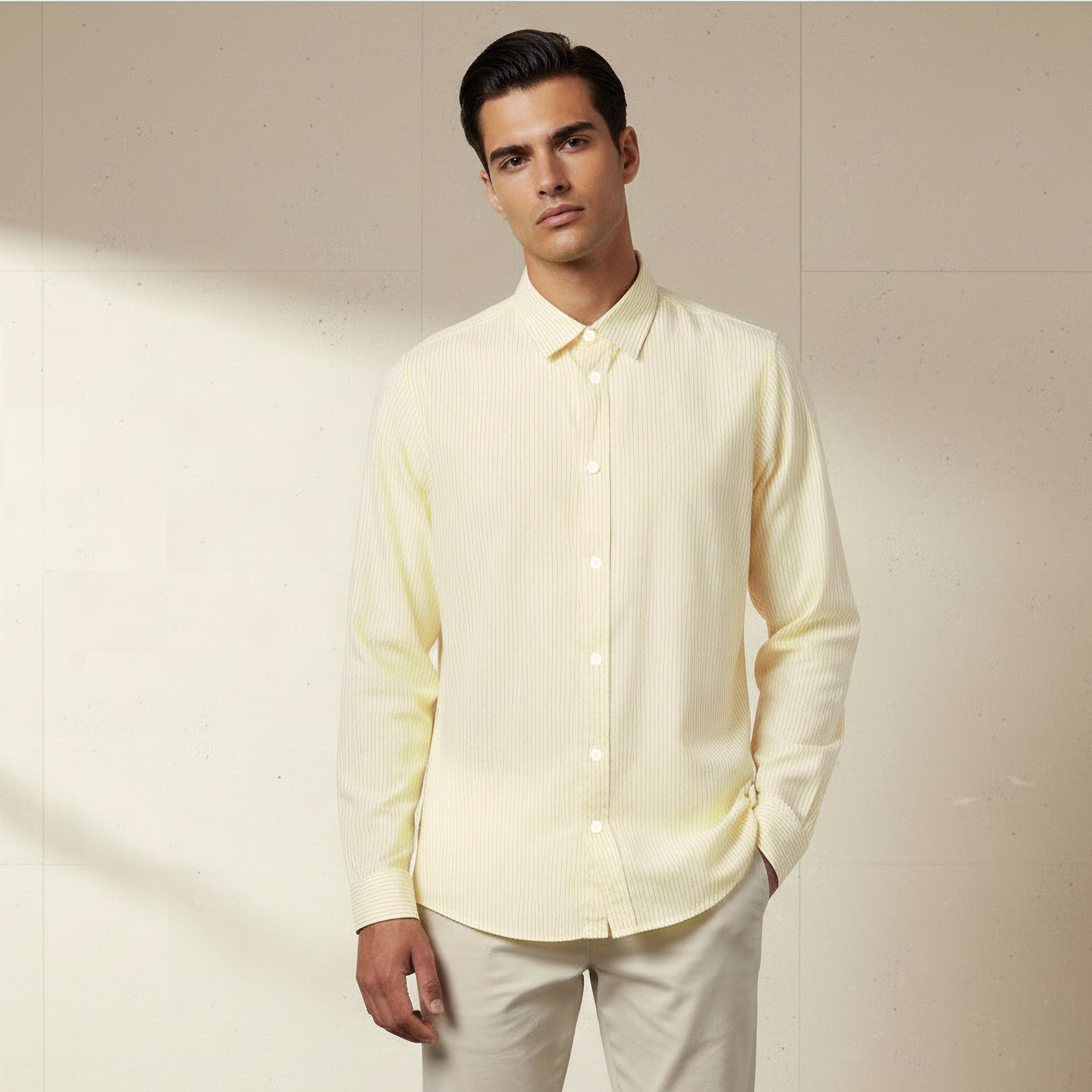 Men Regular Fit Collared Striped Long Sleeve Linen Blend Shirt-men-clothing-shirts-image-1