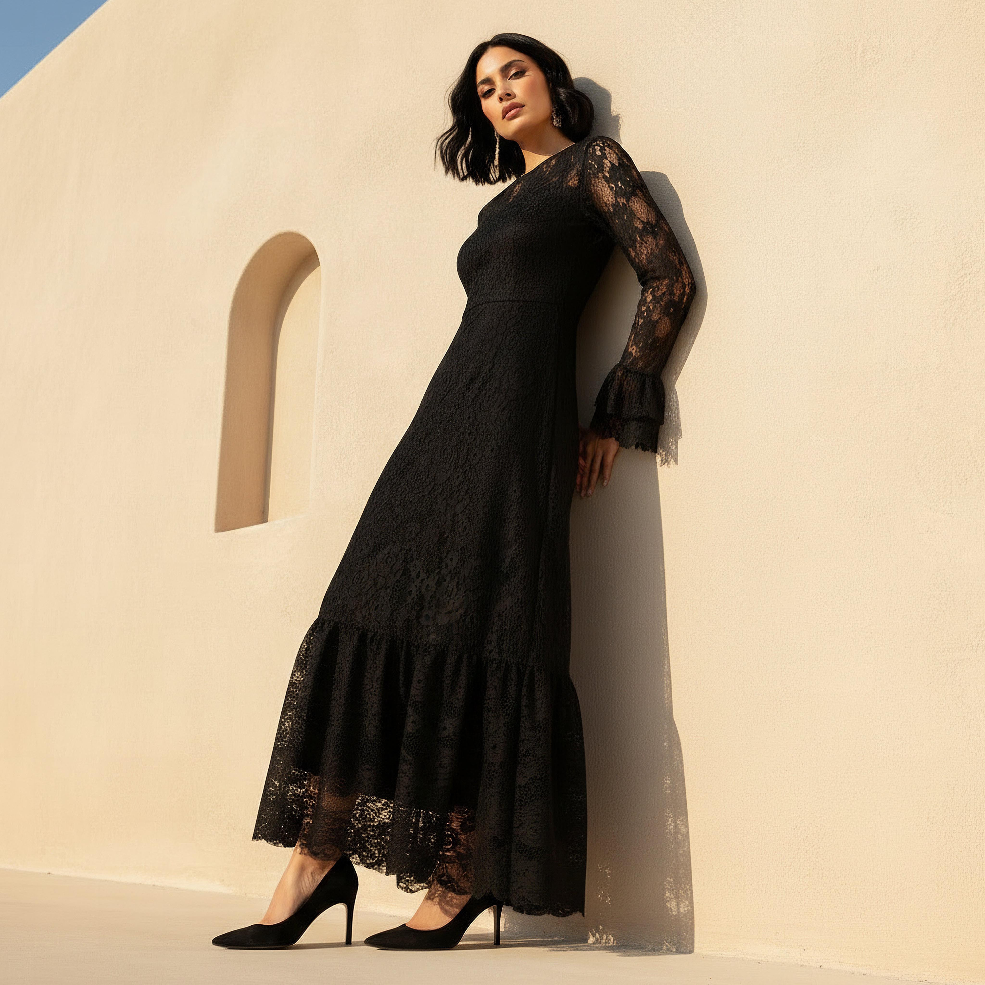 فستان دانتيل نسائي بأكمام جرس-women-clothing-dresses-image-1