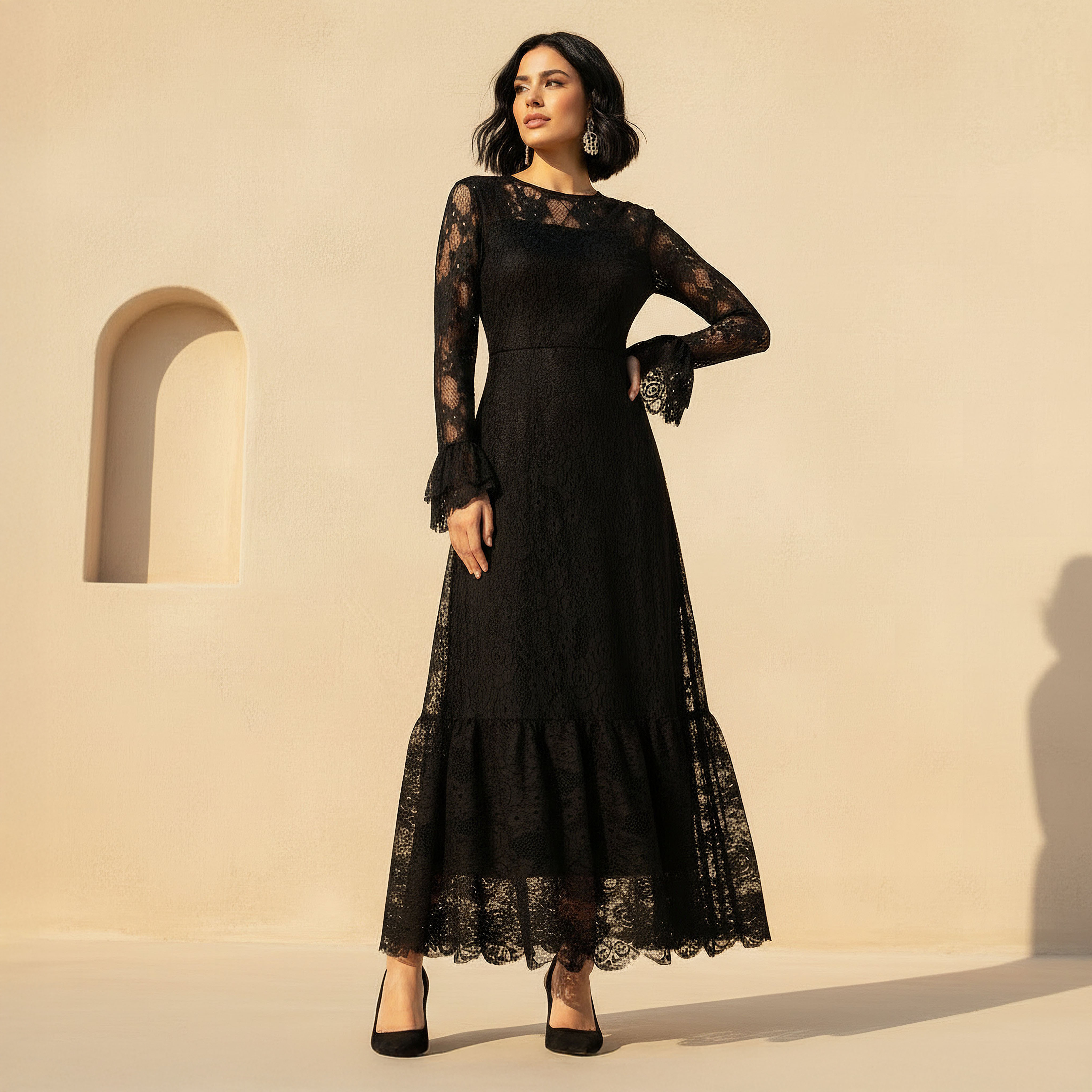 فستان دانتيل نسائي بأكمام جرس-women-clothing-dresses-image-3
