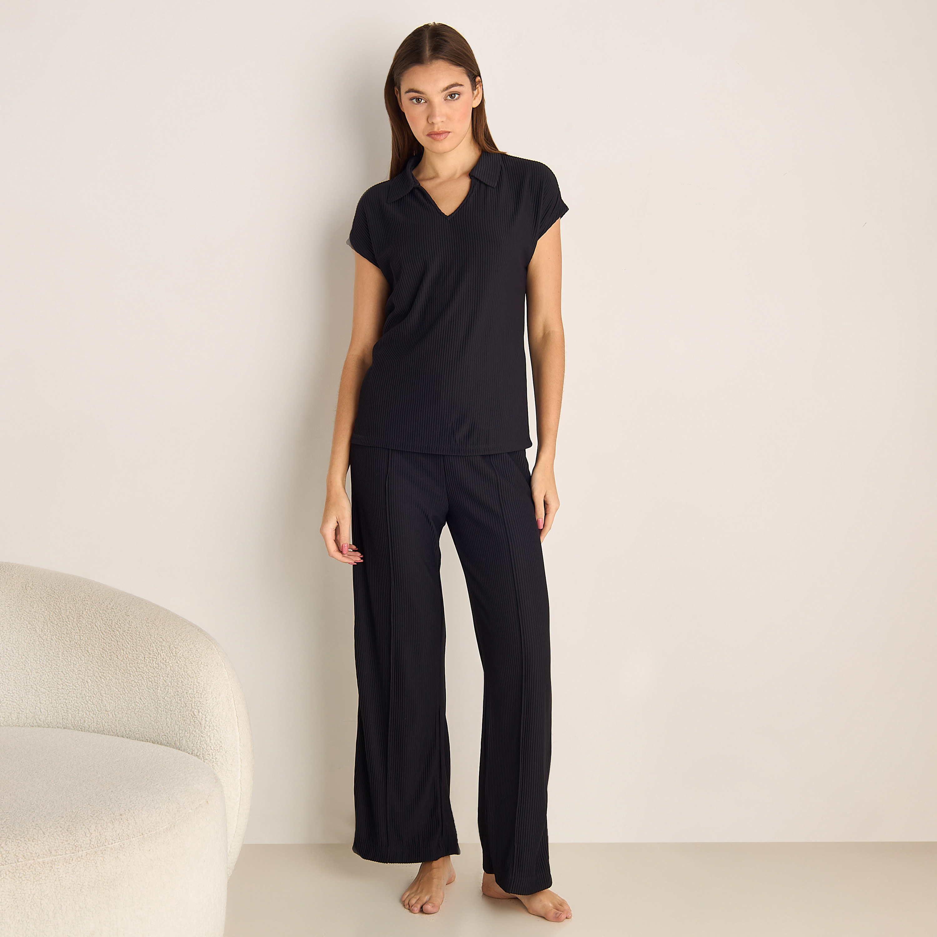 طقم بلوزة منسوجة بارزة الملمس وبنطلون-women-clothing-coordsets-image-2