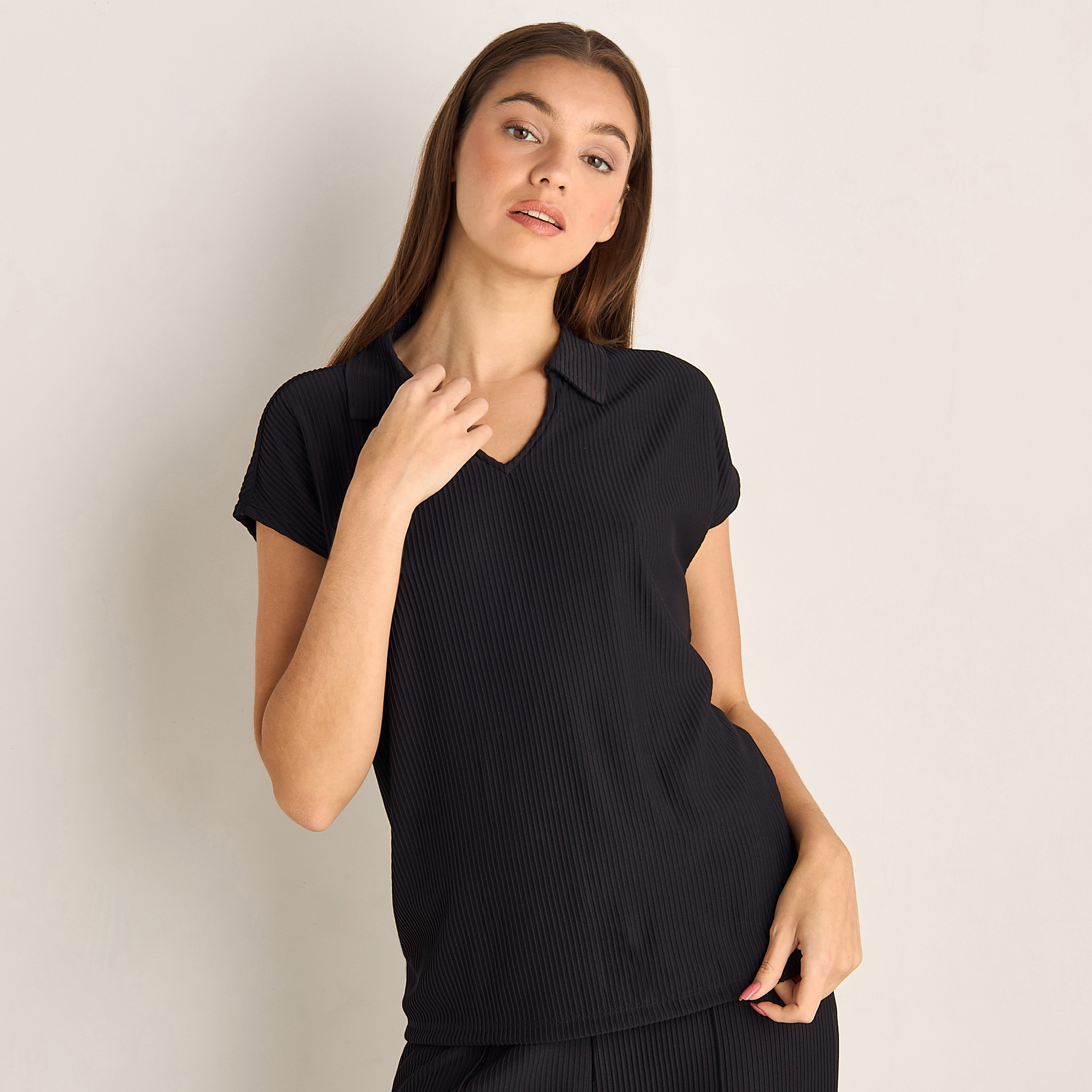 طقم بلوزة منسوجة بارزة الملمس وبنطلون-women-clothing-coordsets-image-3