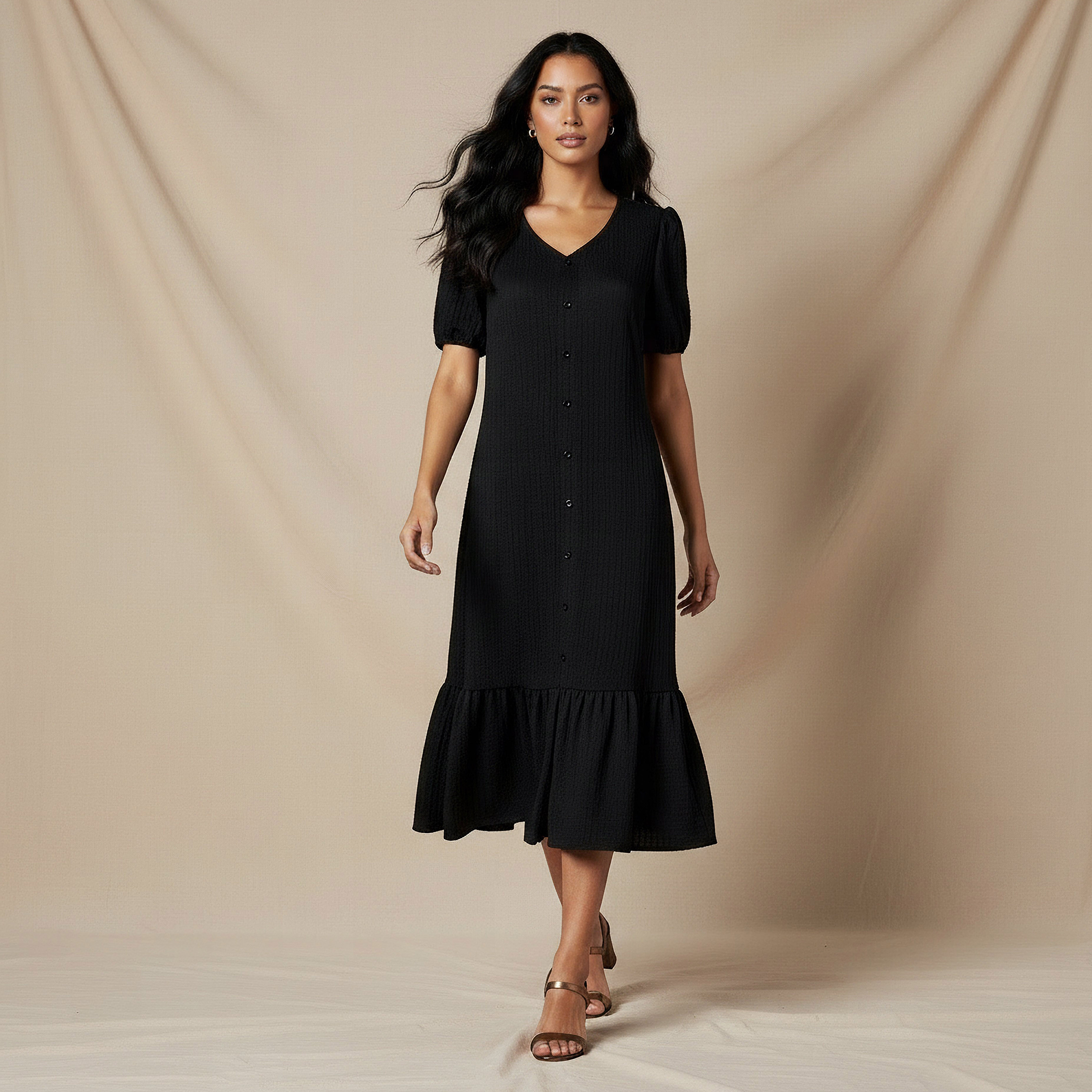 Textured Midi Shirt Dress with Puff Sleeves-PROMO_SP_SA_BUNDLE_2FOR159_180925-image-1