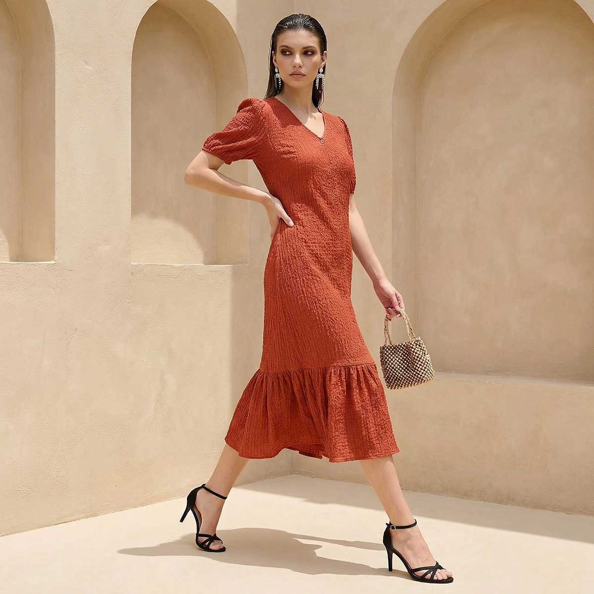 Textured Midi Shirt Dress with Puff Sleeves-women-clothing-dresses-image-1