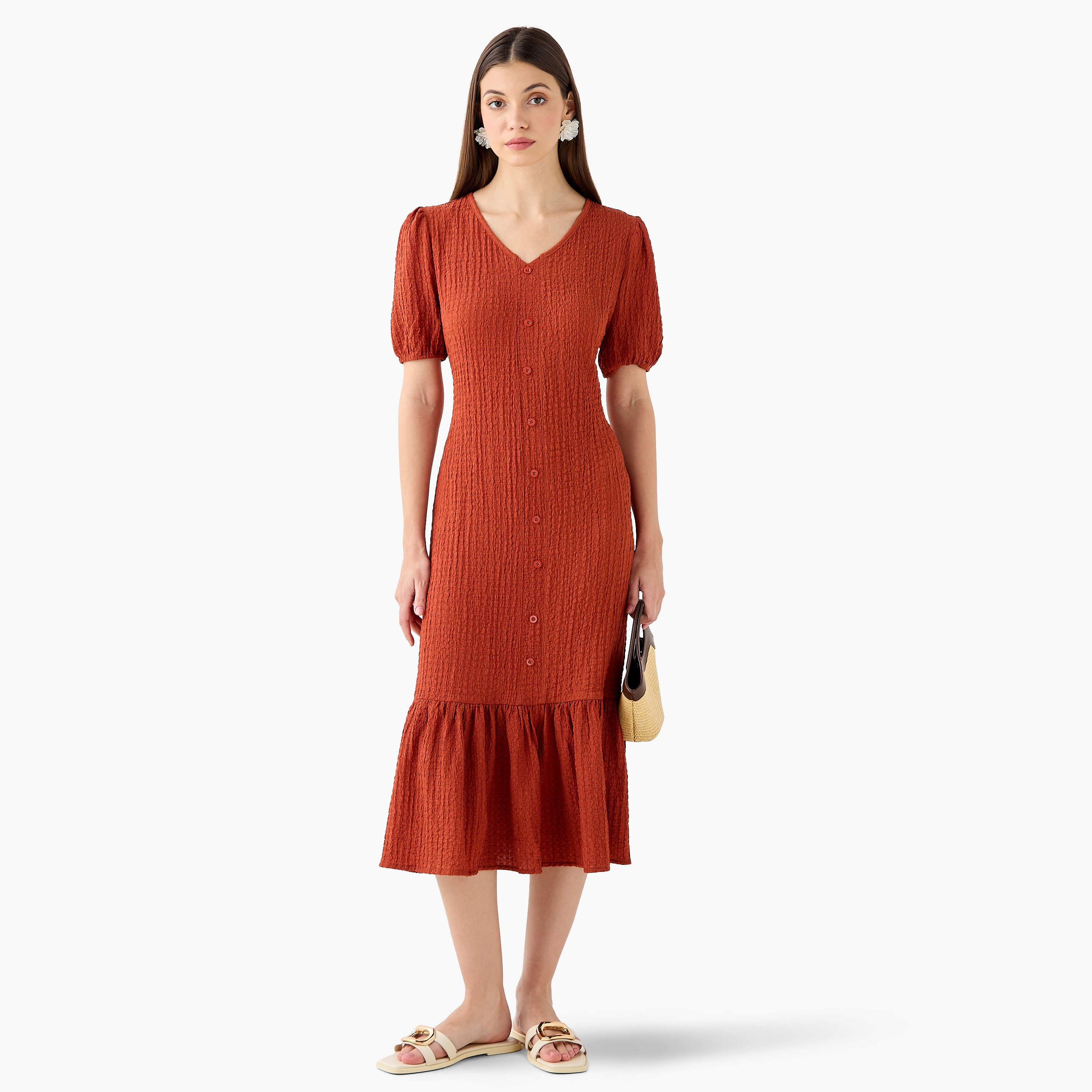 Textured Midi Shirt Dress with Puff Sleeves-women-clothing-dresses-image-3