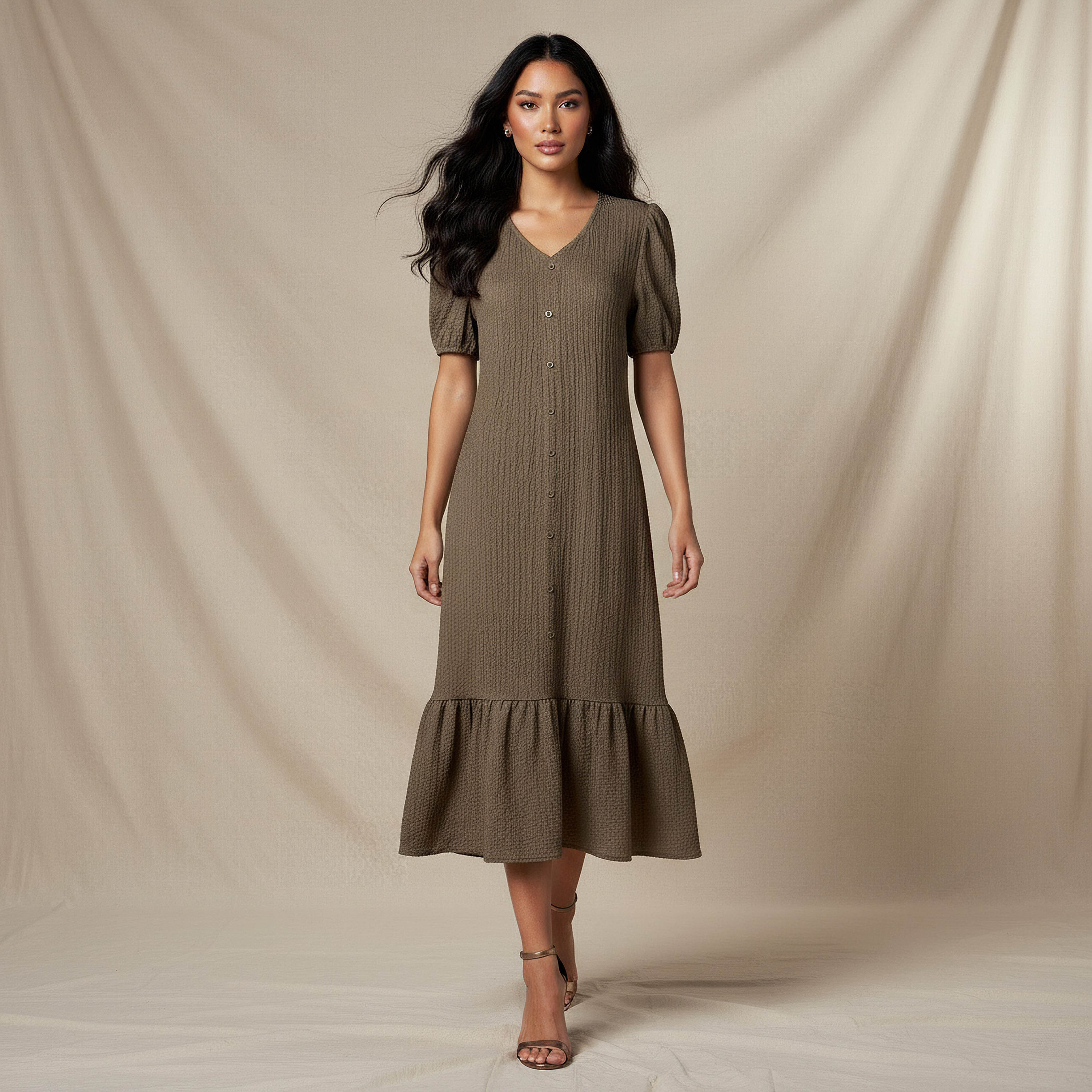 Textured Midi Shirt Dress with Puff Sleeves-women-clothing-dresses-image-1