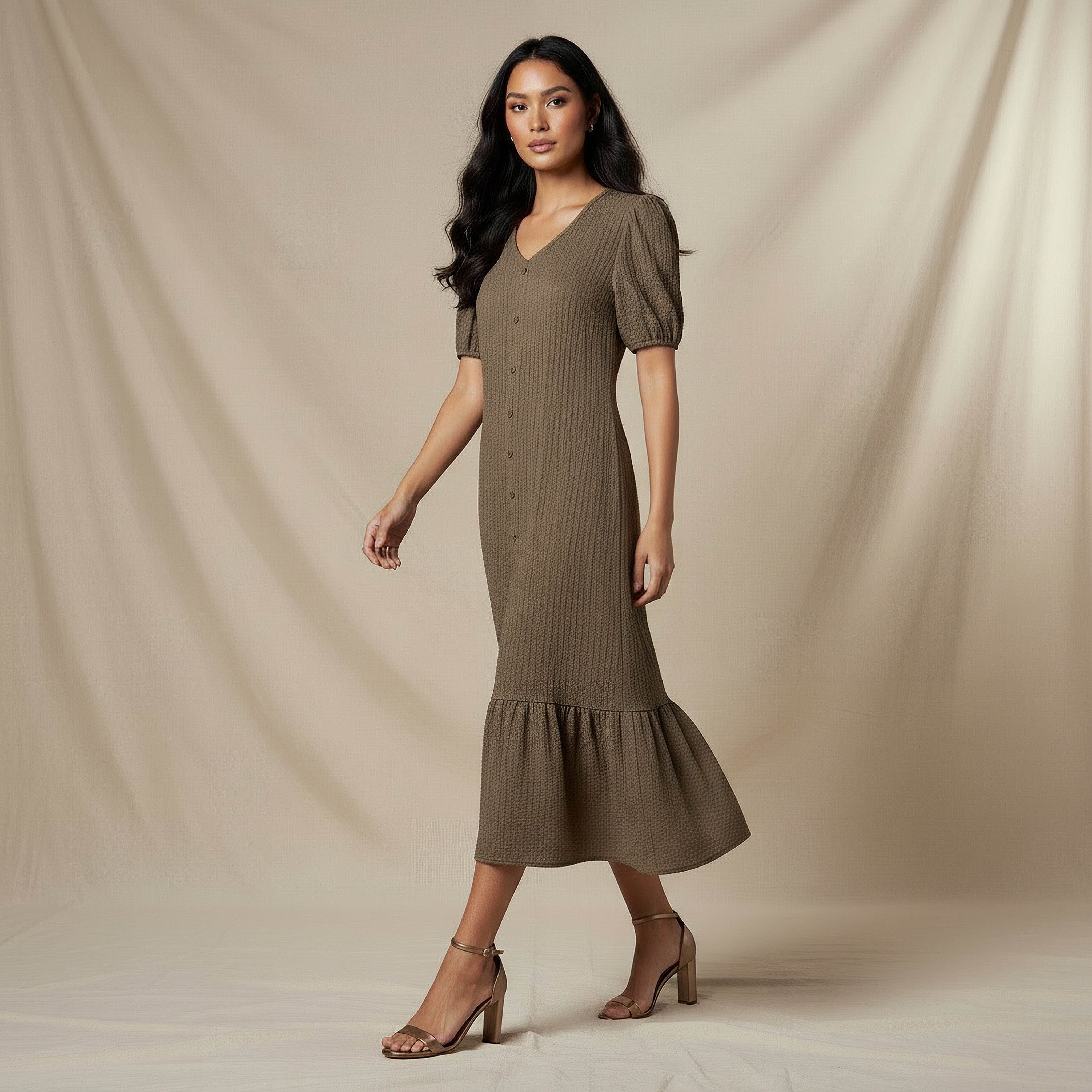 Textured Midi Shirt Dress with Puff Sleeves-women-clothing-dresses-image-2