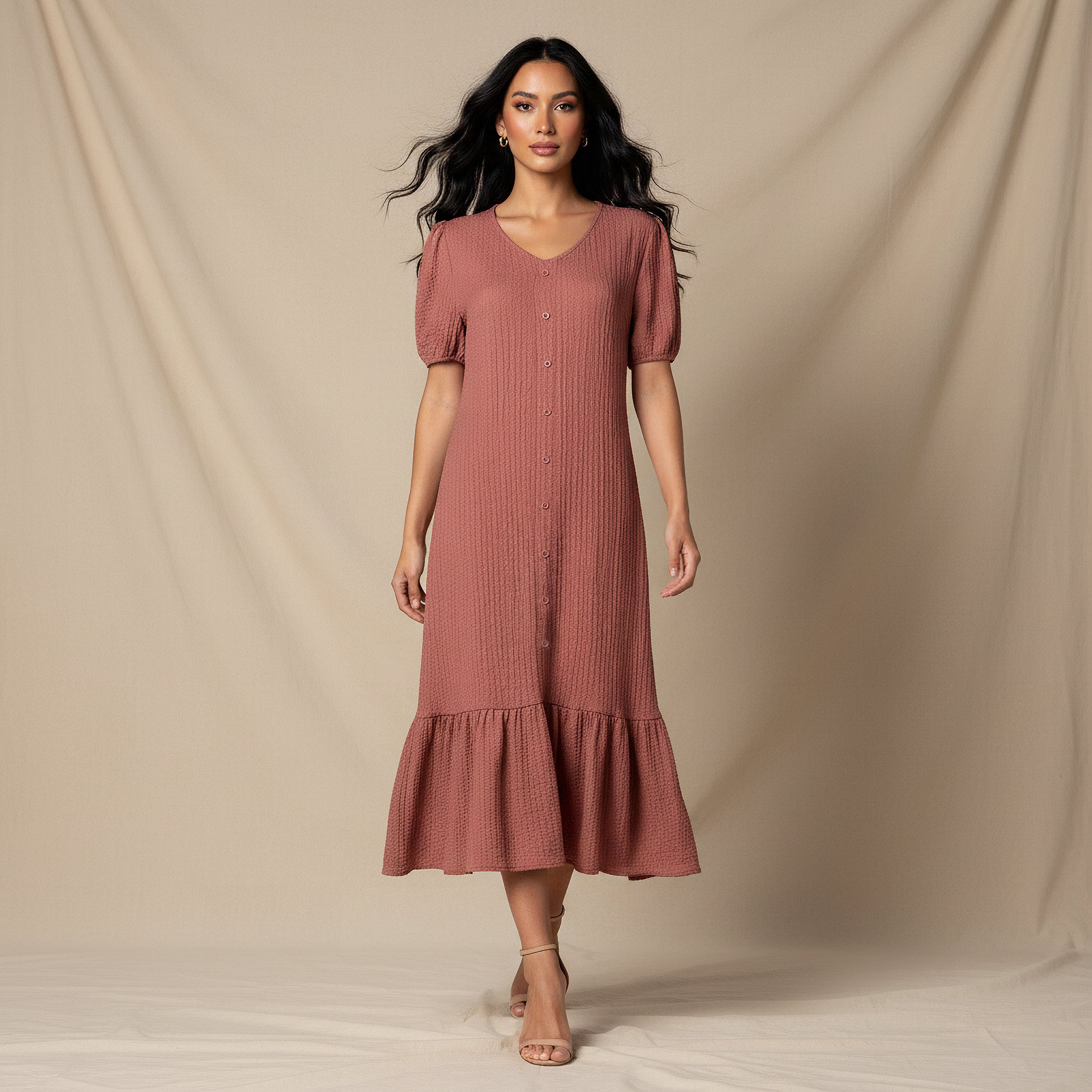 Textured Midi Shirt Dress with Puff Sleeves-women-clothing-dresses-image-1