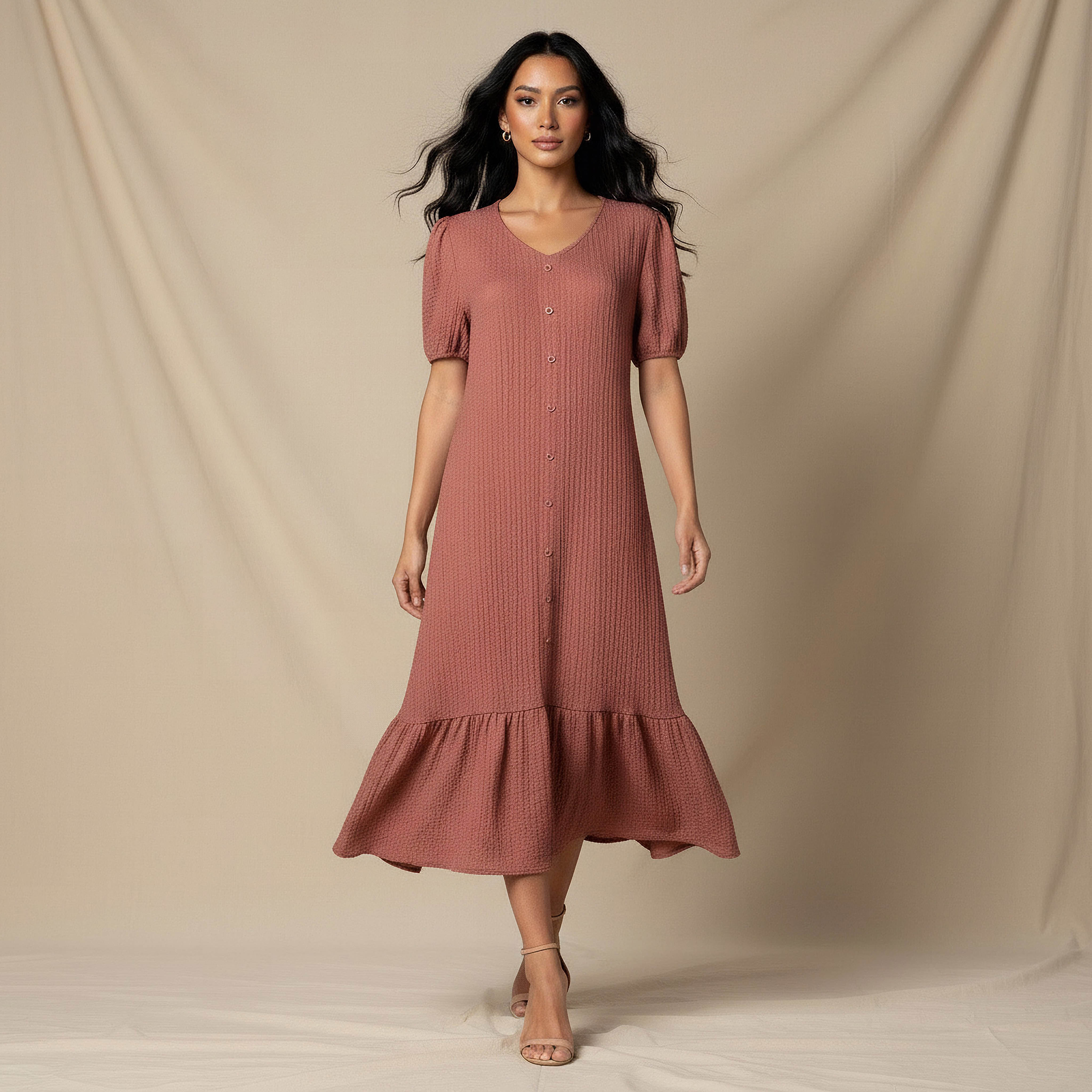 Textured Midi Shirt Dress with Puff Sleeves-women-clothing-dresses-image-2