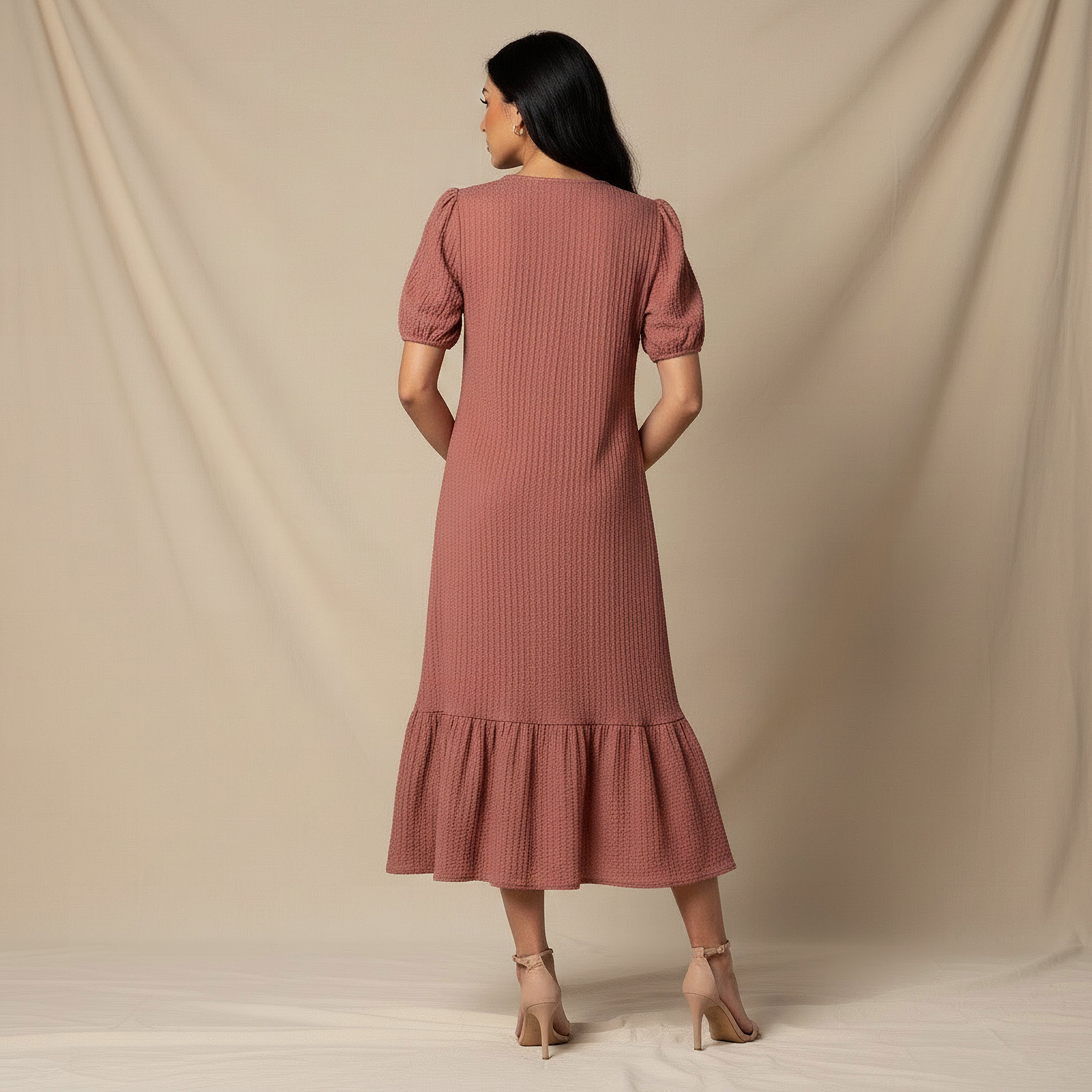 Textured Midi Shirt Dress with Puff Sleeves-women-clothing-dresses-image-3