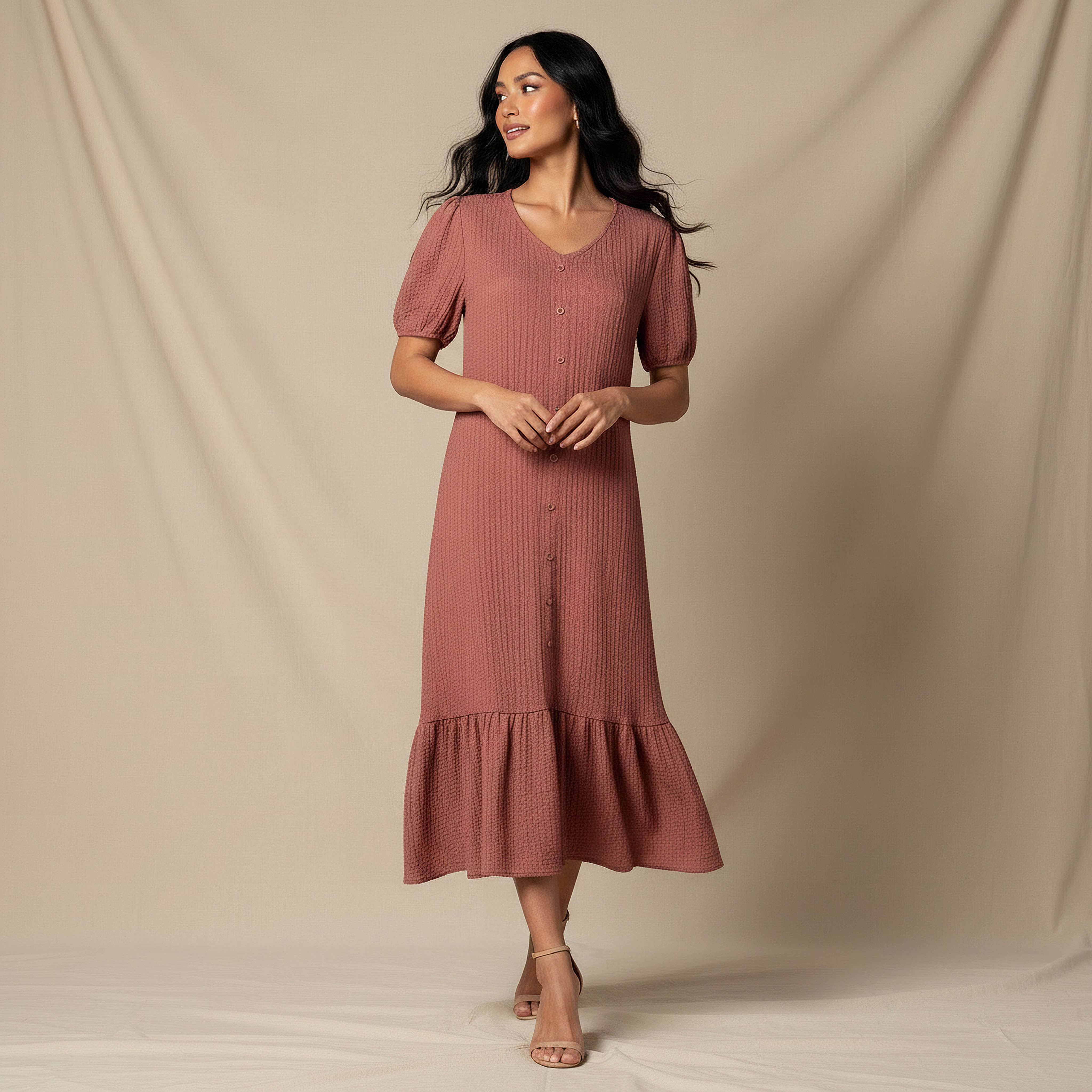 Textured Midi Shirt Dress with Puff Sleeves-women-clothing-dresses-image-5