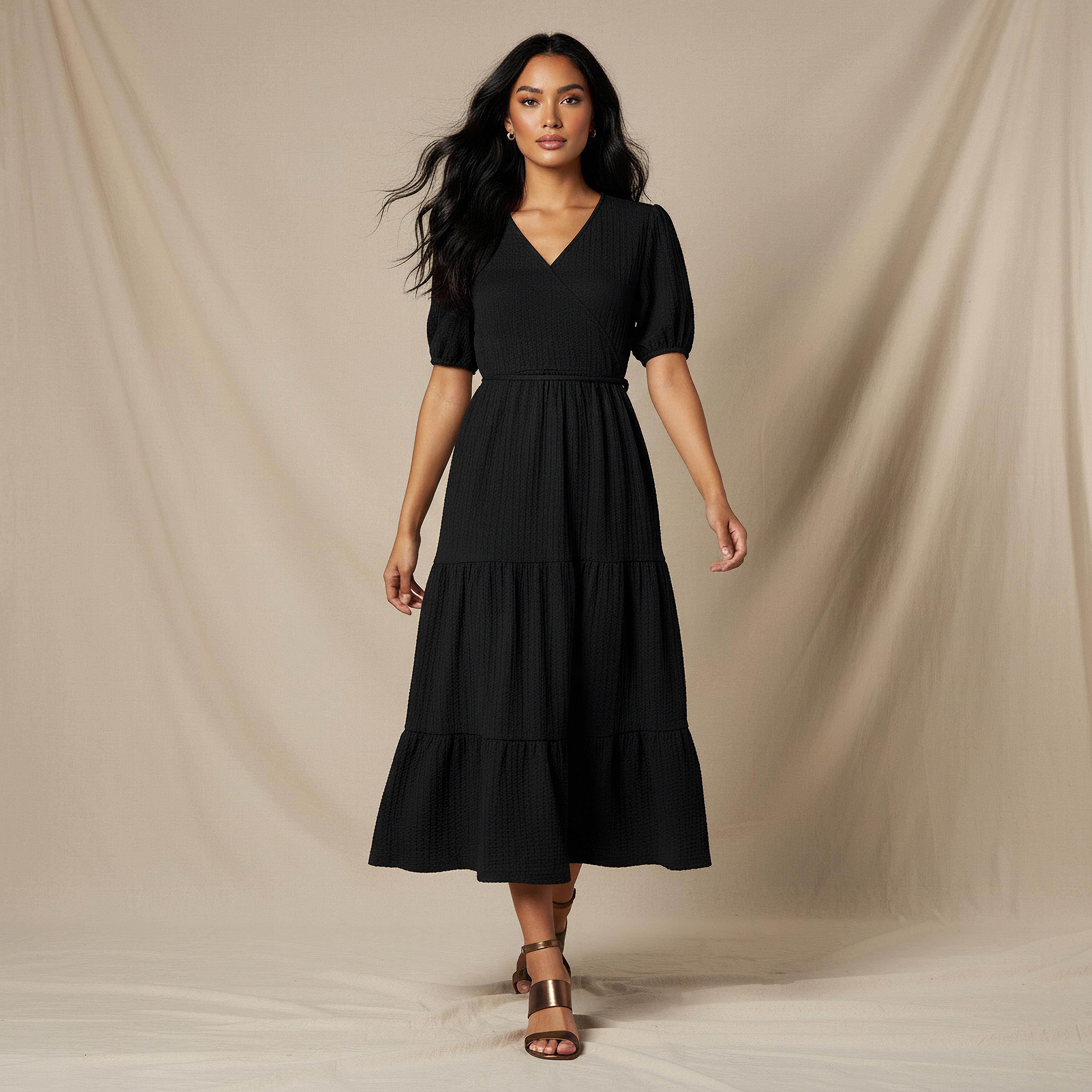 Midi Textured Tiered Dress with Short Puff Sleeves-PROMO_SP_BH_BUNDLE_2FOR16_050226-image-1