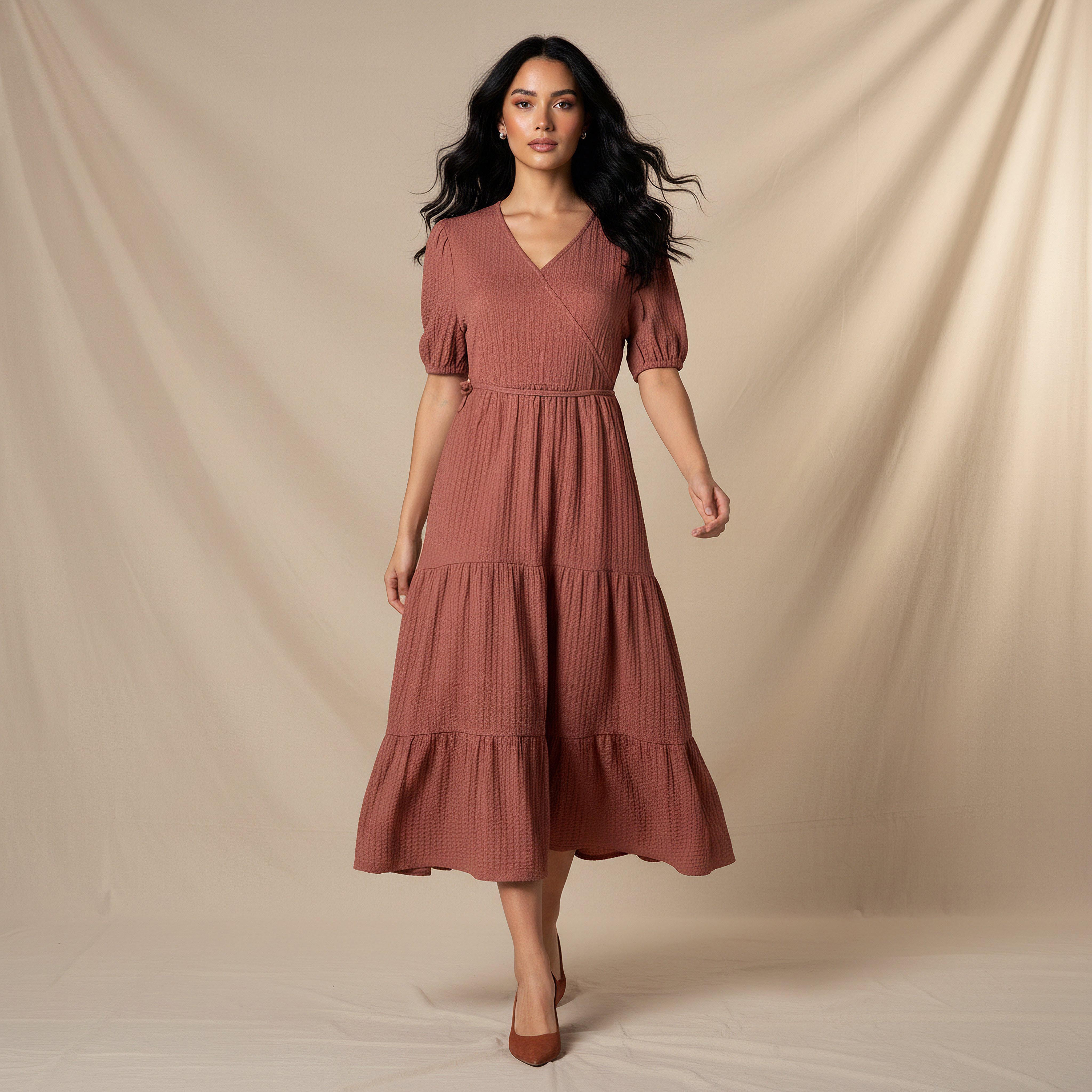 Midi Textured Tiered Dress with Short Puff Sleeves-women-clothing-dresses-image-1