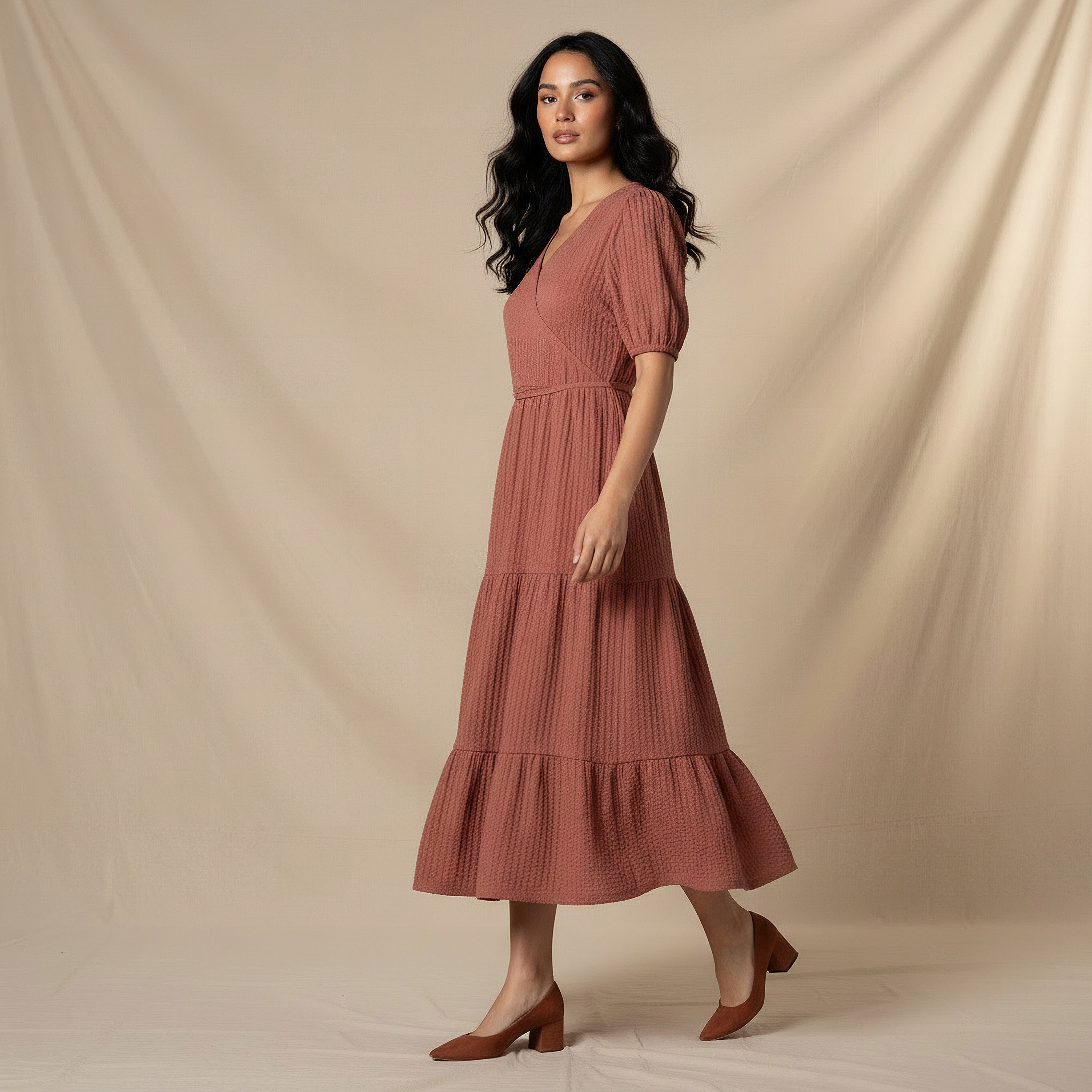 Midi Textured Tiered Dress with Short Puff Sleeves-women-clothing-dresses-image-2