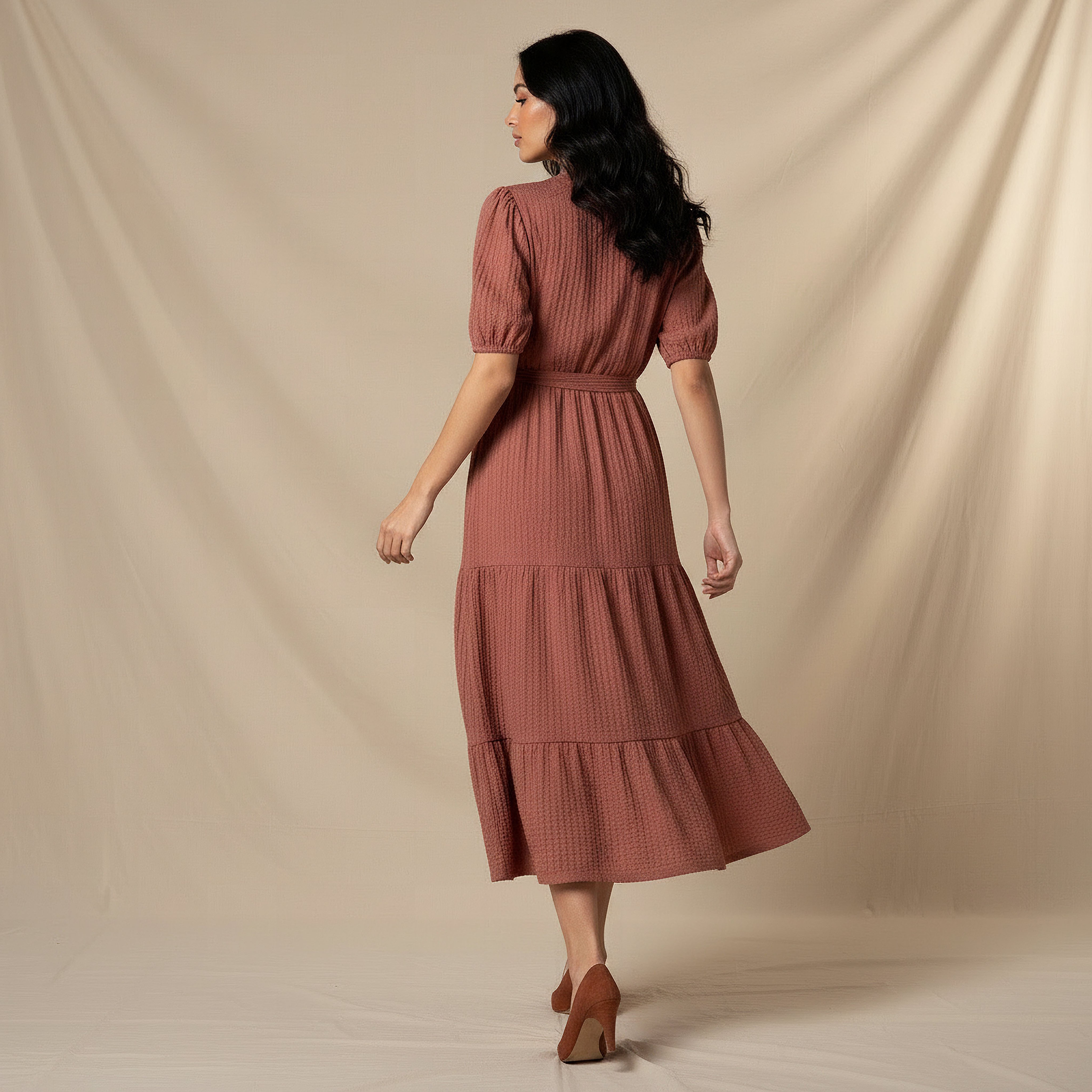 Midi Textured Tiered Dress with Short Puff Sleeves-women-clothing-dresses-image-3
