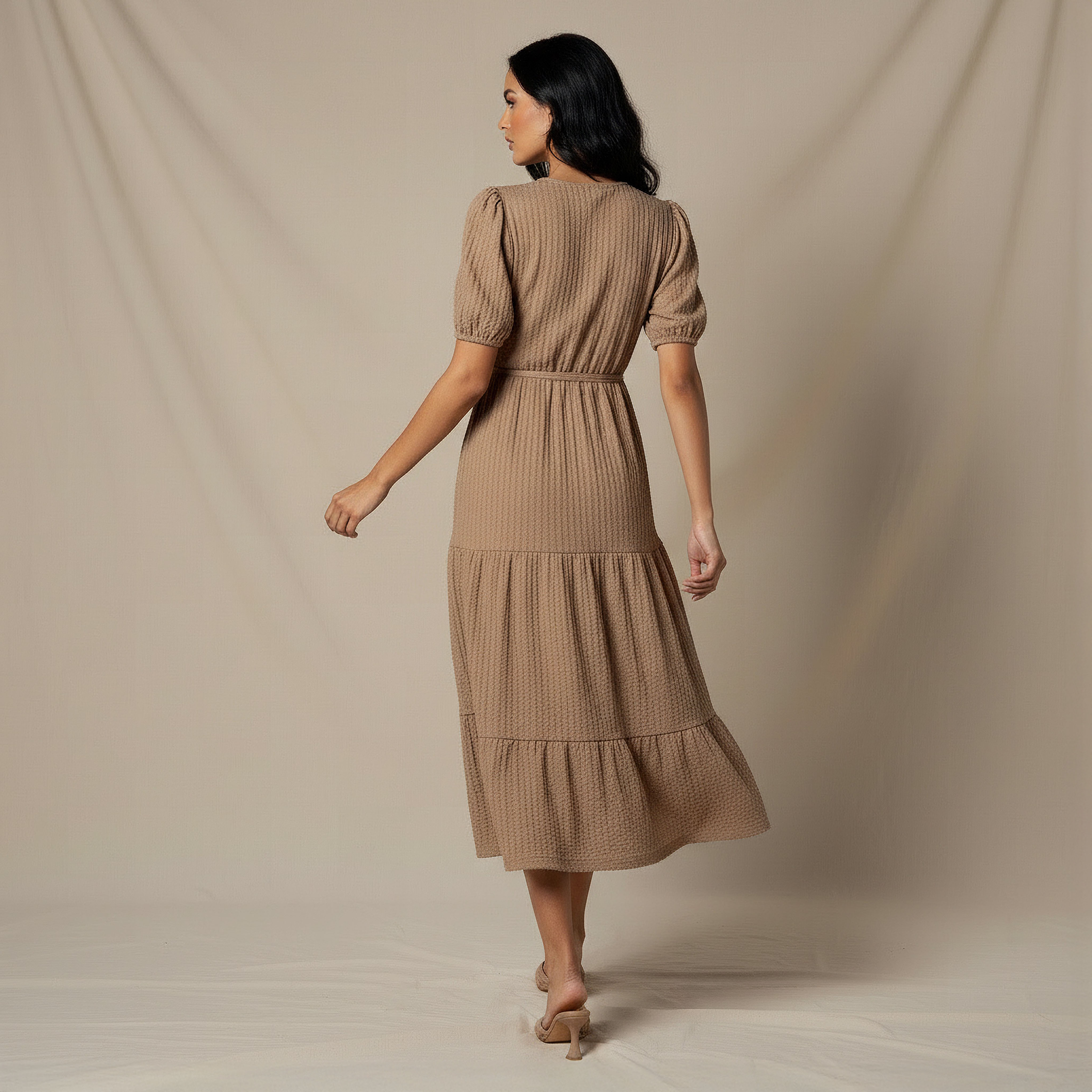 Midi Textured Tiered Dress with Short Puff Sleeves-women-clothing-dresses-image-3
