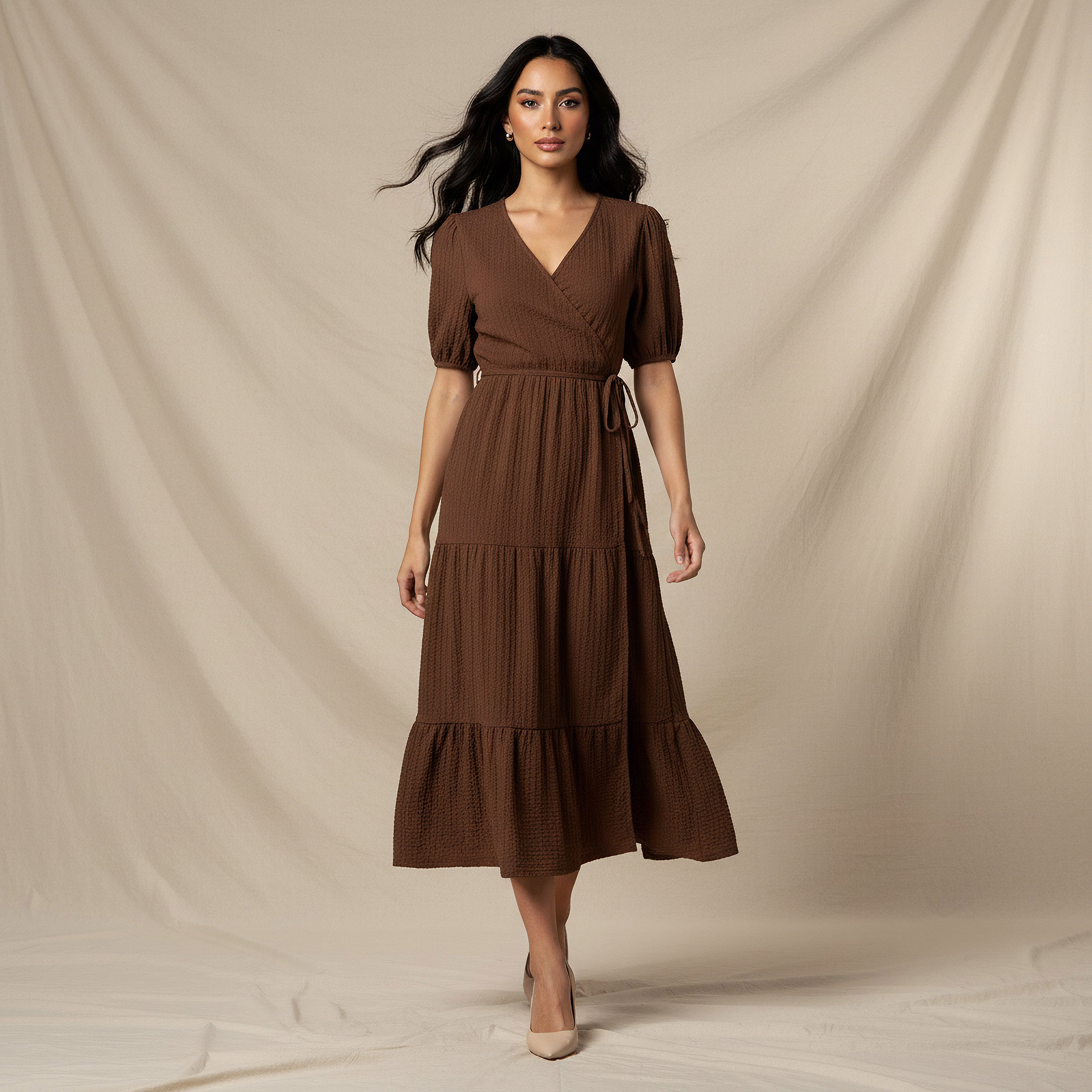 Midi Textured Tiered Dress with Short Puff Sleeves-women-clothing-dresses-image-1
