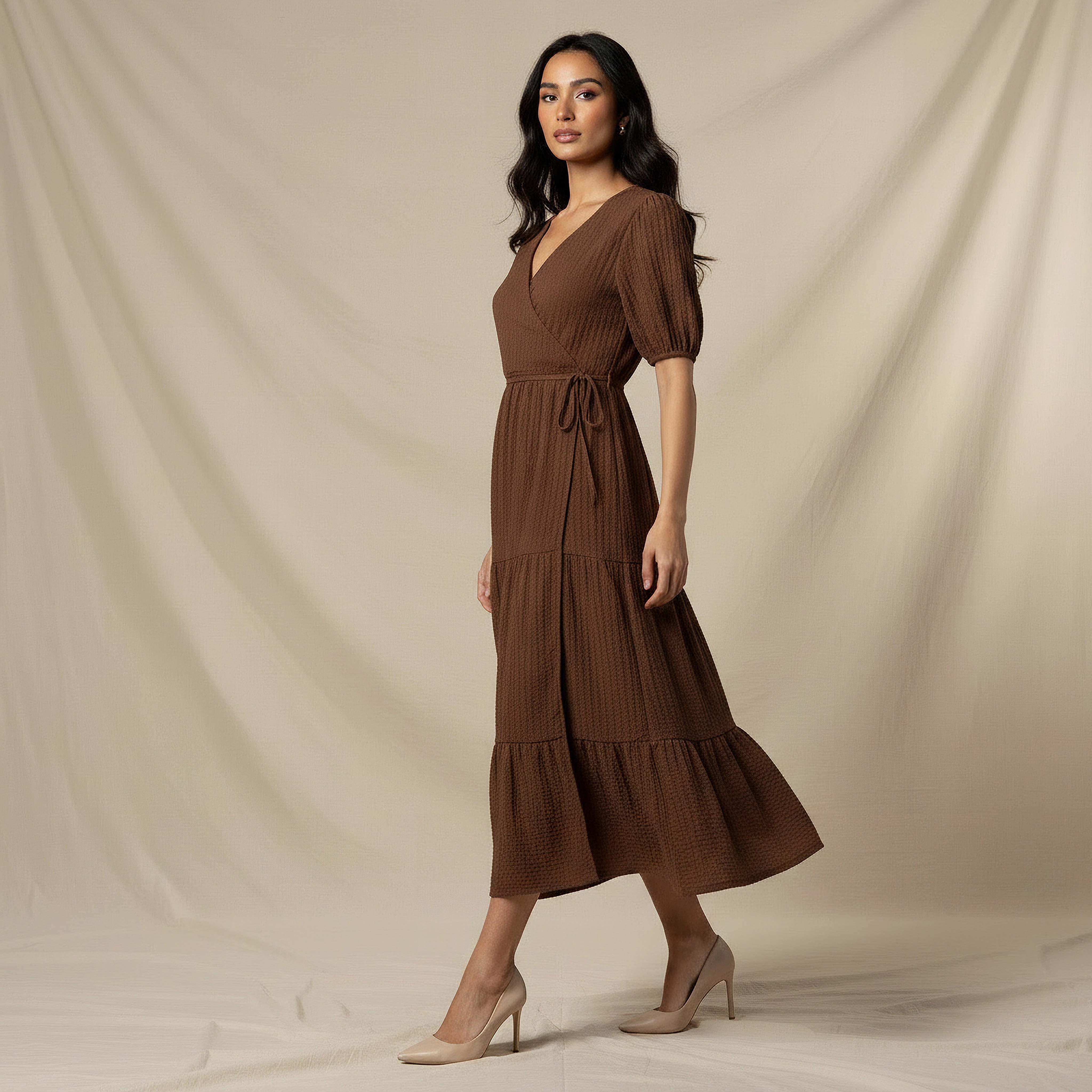 Midi Textured Tiered Dress with Short Puff Sleeves-women-clothing-dresses-image-2