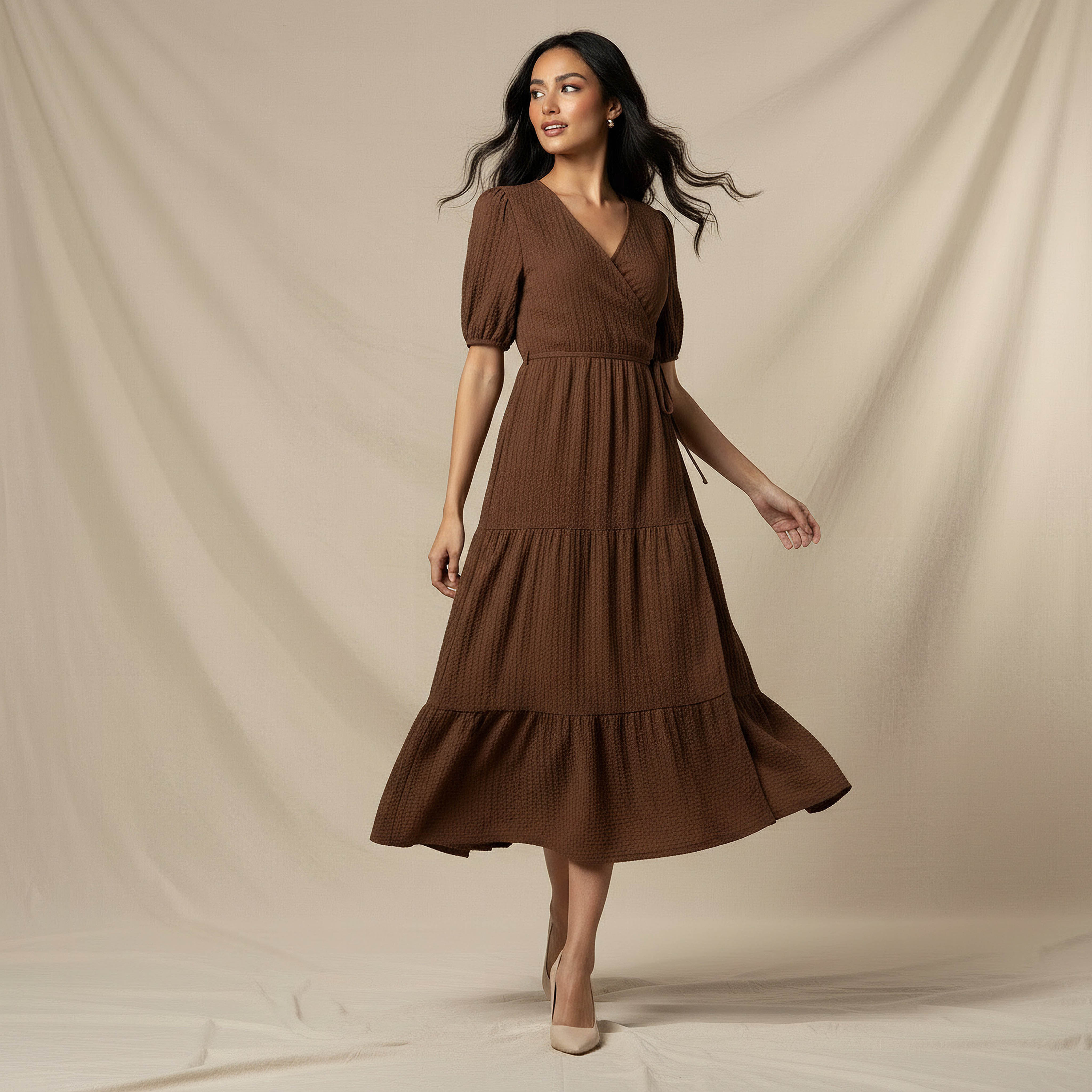Midi Textured Tiered Dress with Short Puff Sleeves-women-clothing-dresses-image-5