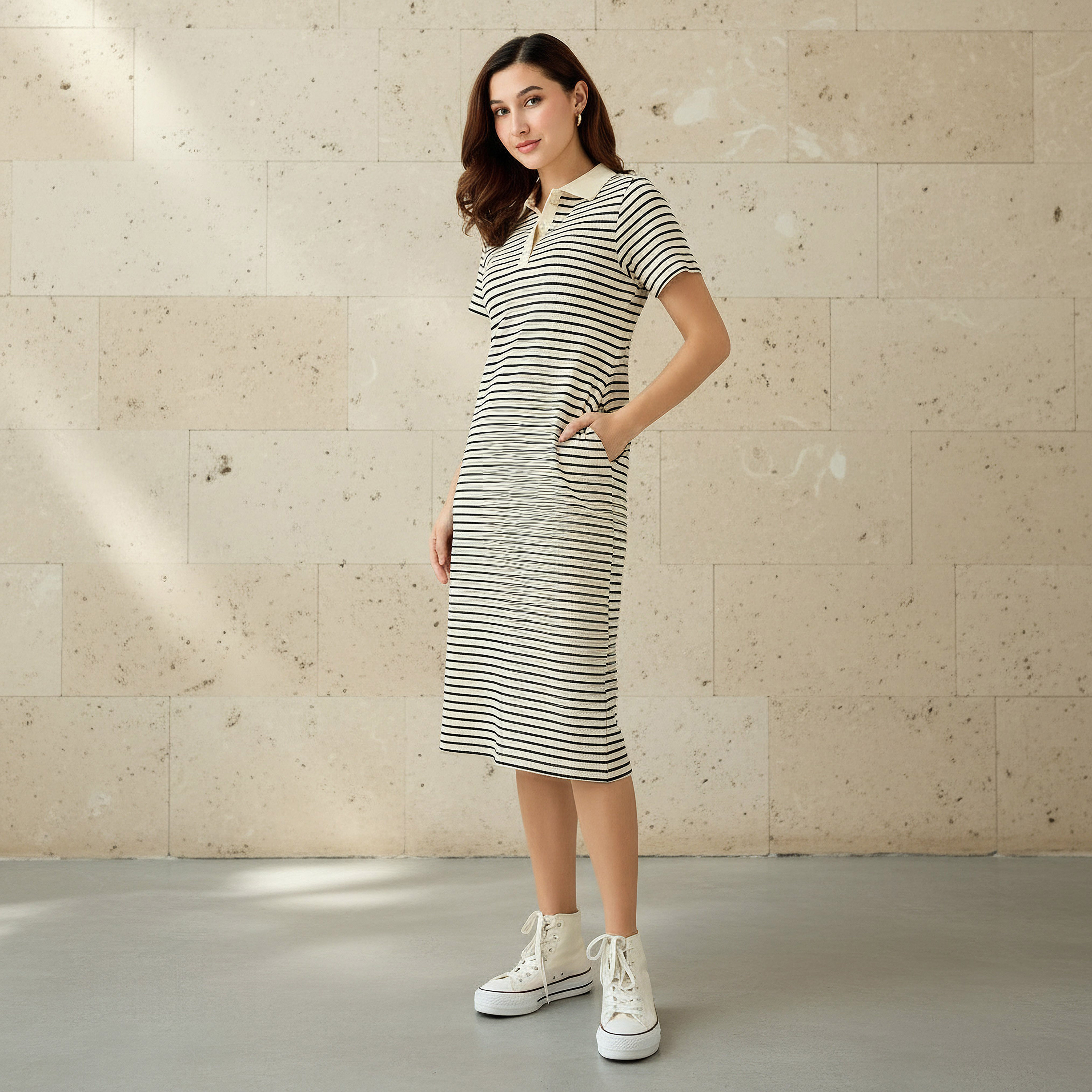 Striped T-shirt Dress with Contrast Collar-women-clothing-dresses-image-1