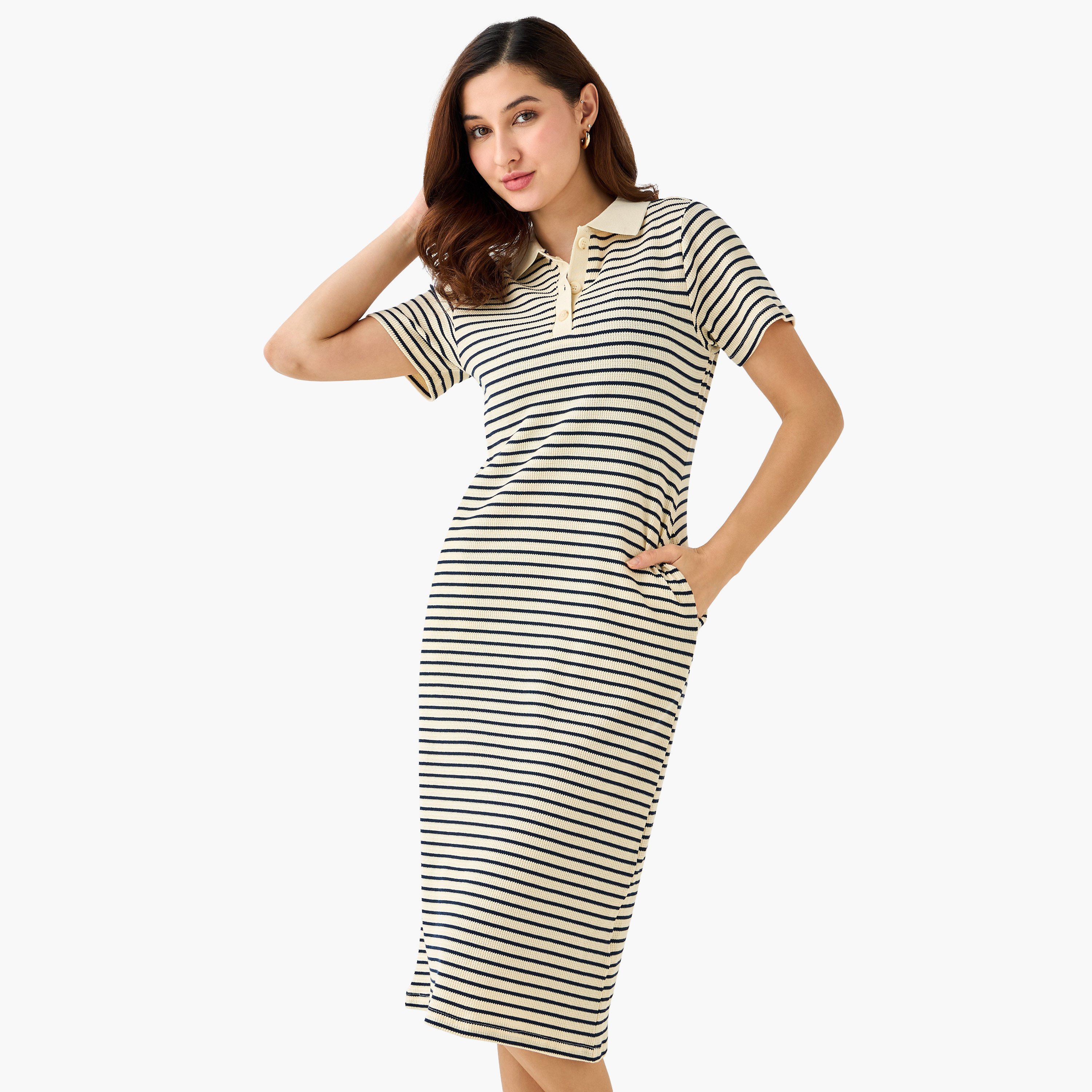 Striped T-shirt Dress with Contrast Collar-women-clothing-dresses-image-2