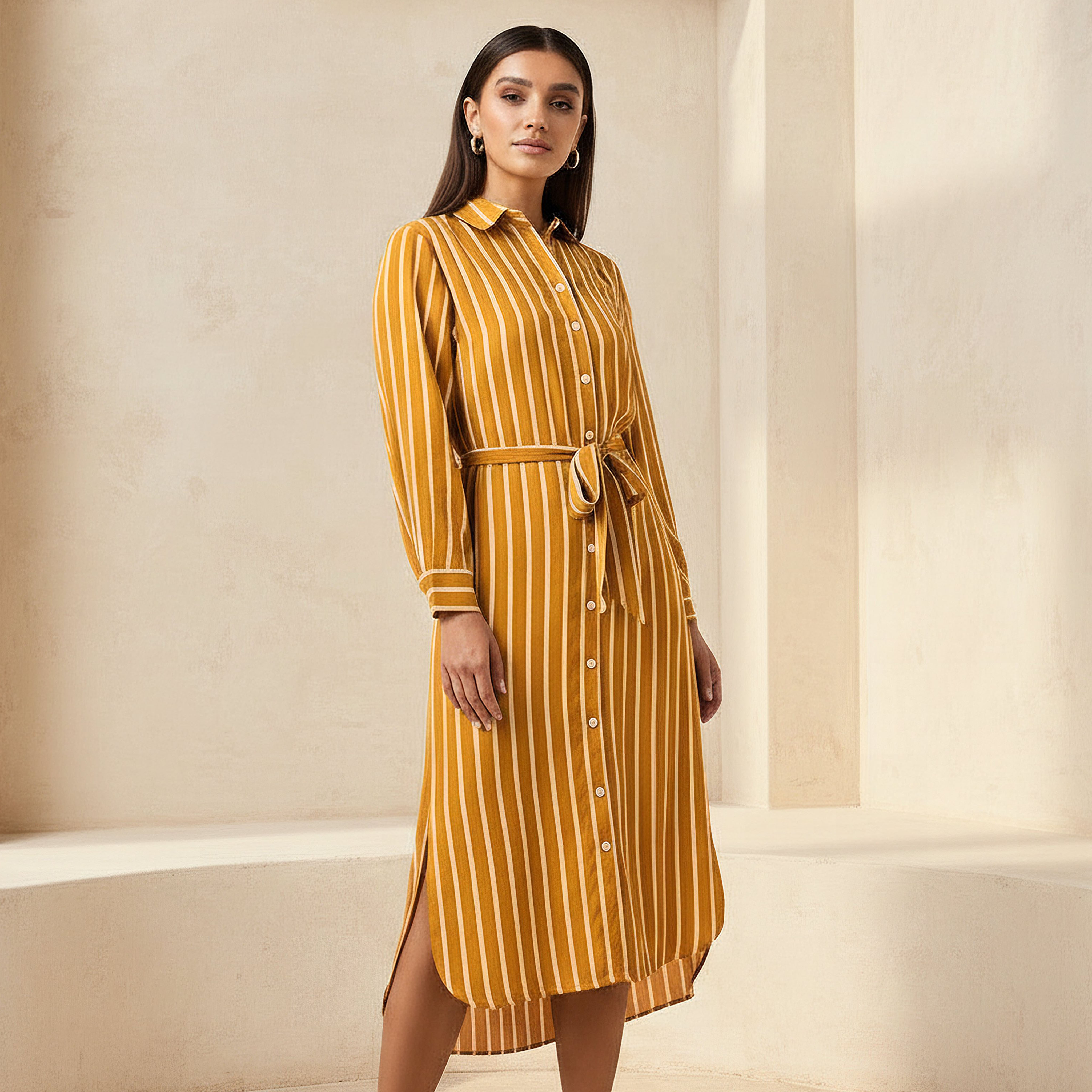 Striped Women Shirt Dress with Tie-Up Belt-women-clothing-dresses-image-1