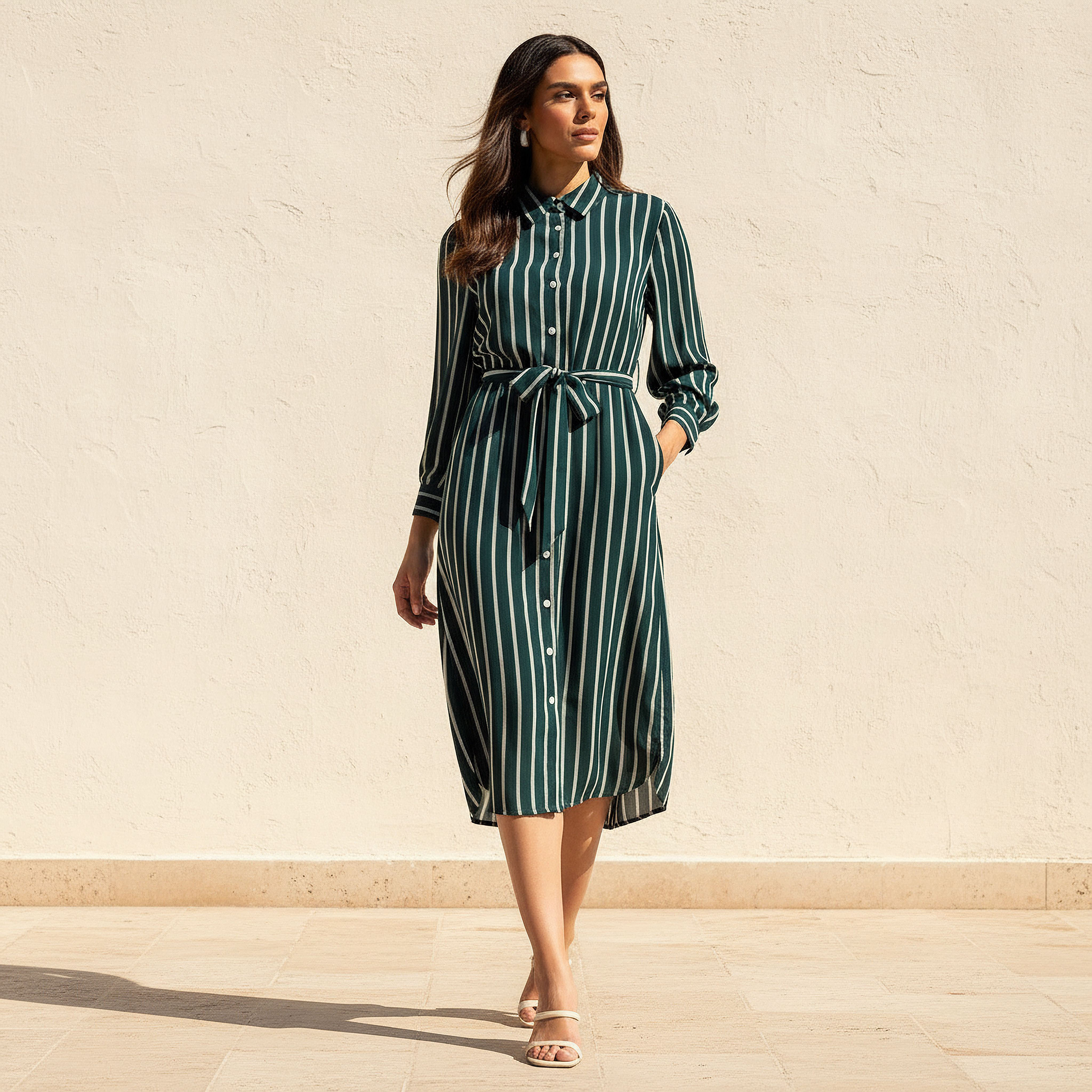 Striped Women Shirt Dress with Tie-Up Belt-women-clothing-dresses-image-1