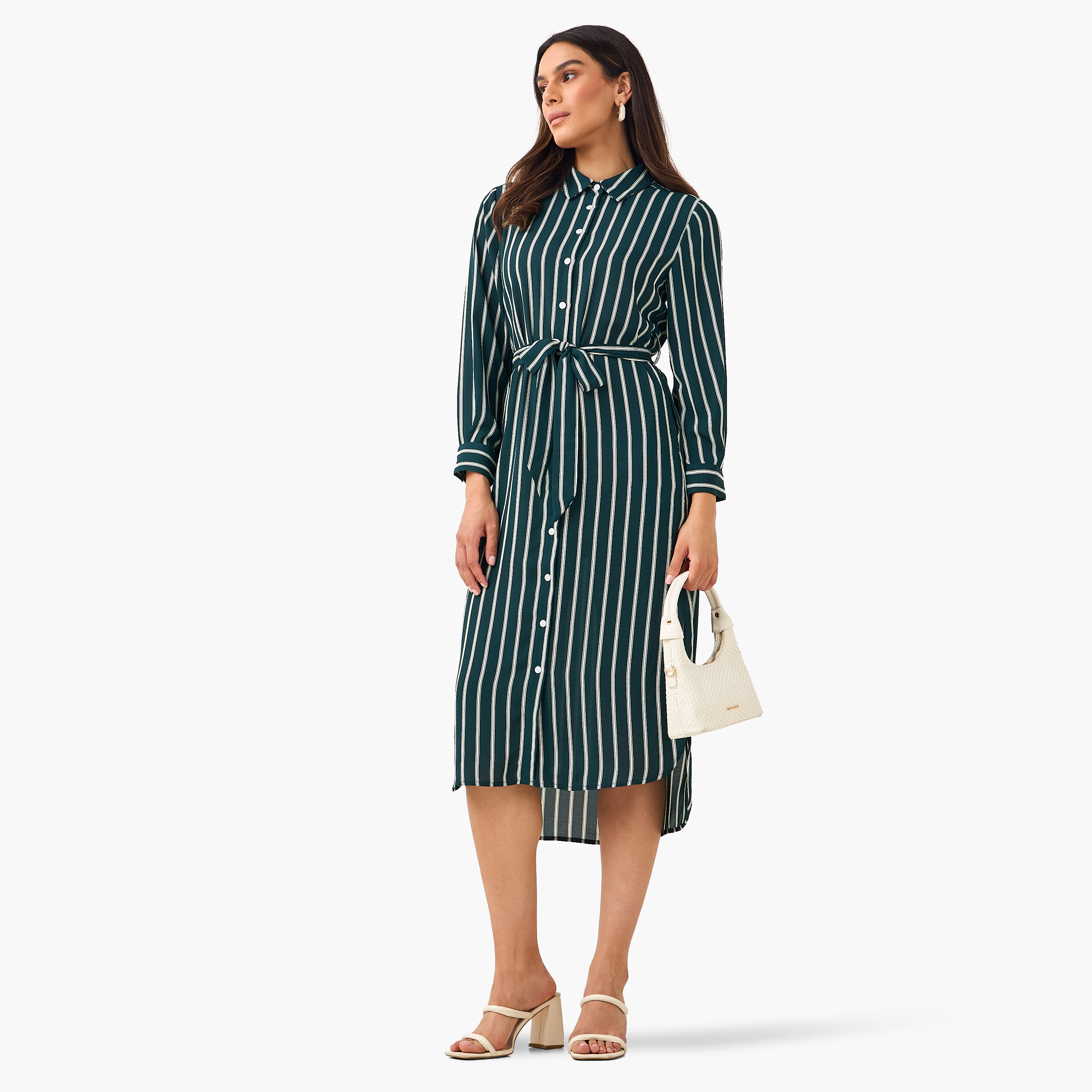 Striped Women Shirt Dress with Tie-Up Belt-women-clothing-dresses-image-3