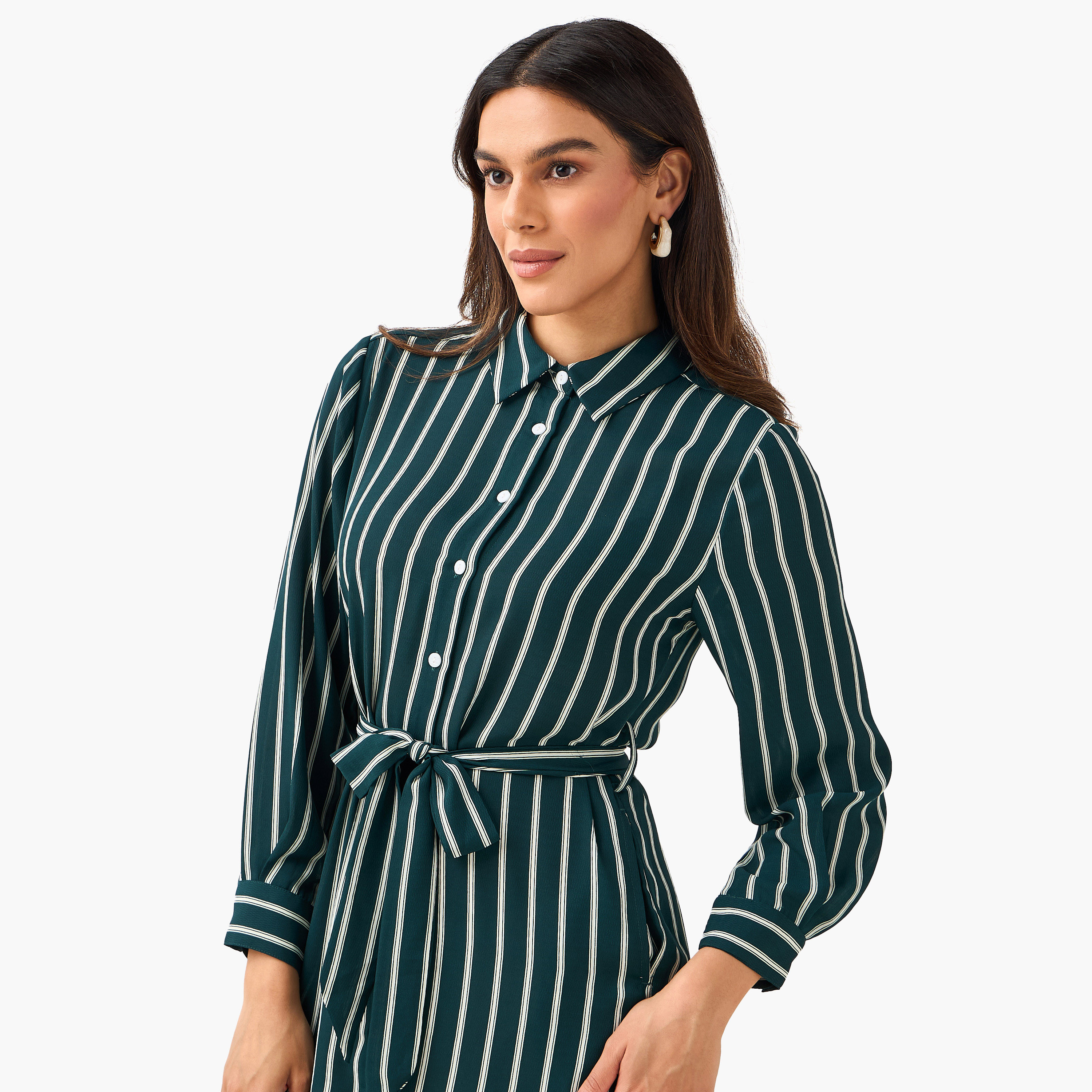 Striped Women Shirt Dress with Tie-Up Belt-women-clothing-dresses-image-5