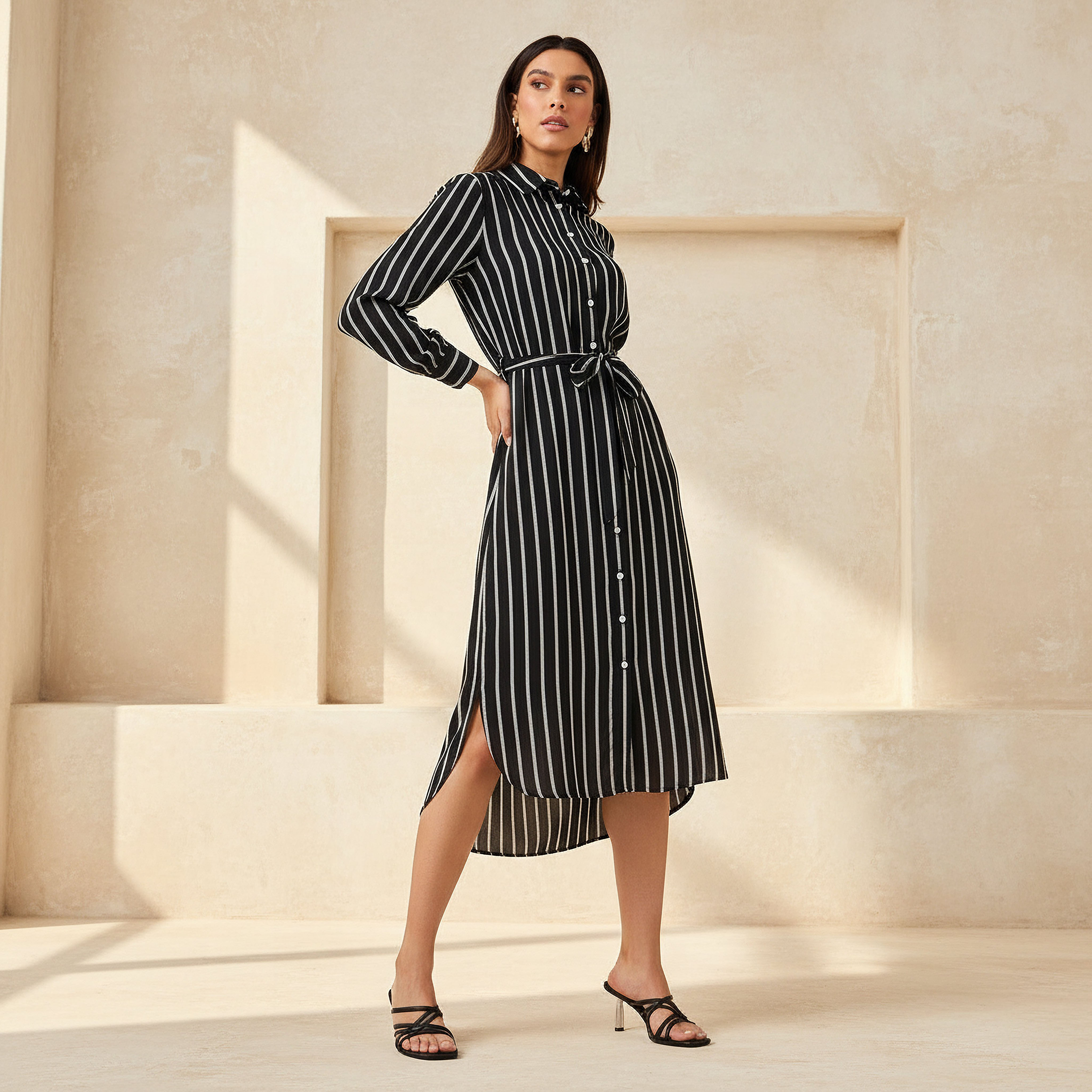 Striped Women Shirt Dress with Tie-Up Belt-women-clothing-dresses-image-1