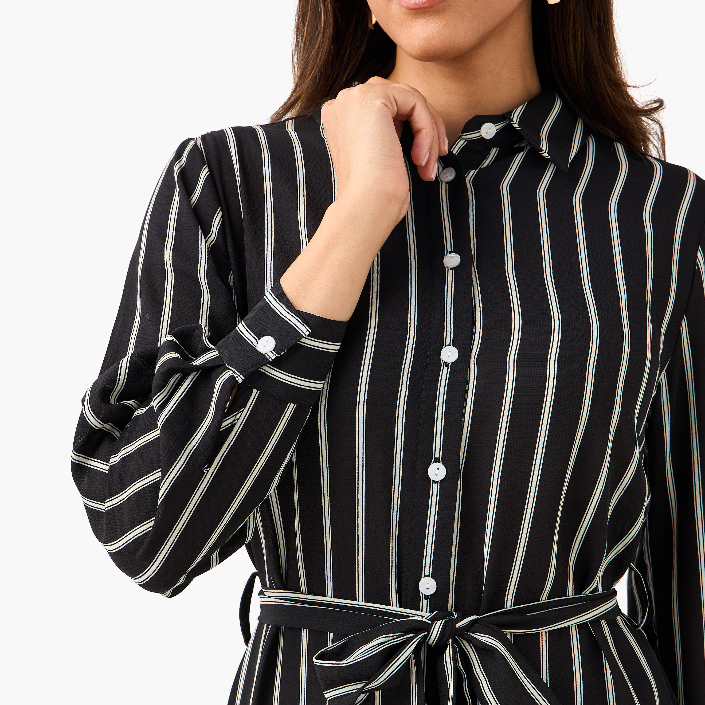 Striped Women Shirt Dress with Tie-Up Belt-women-clothing-dresses-image-2
