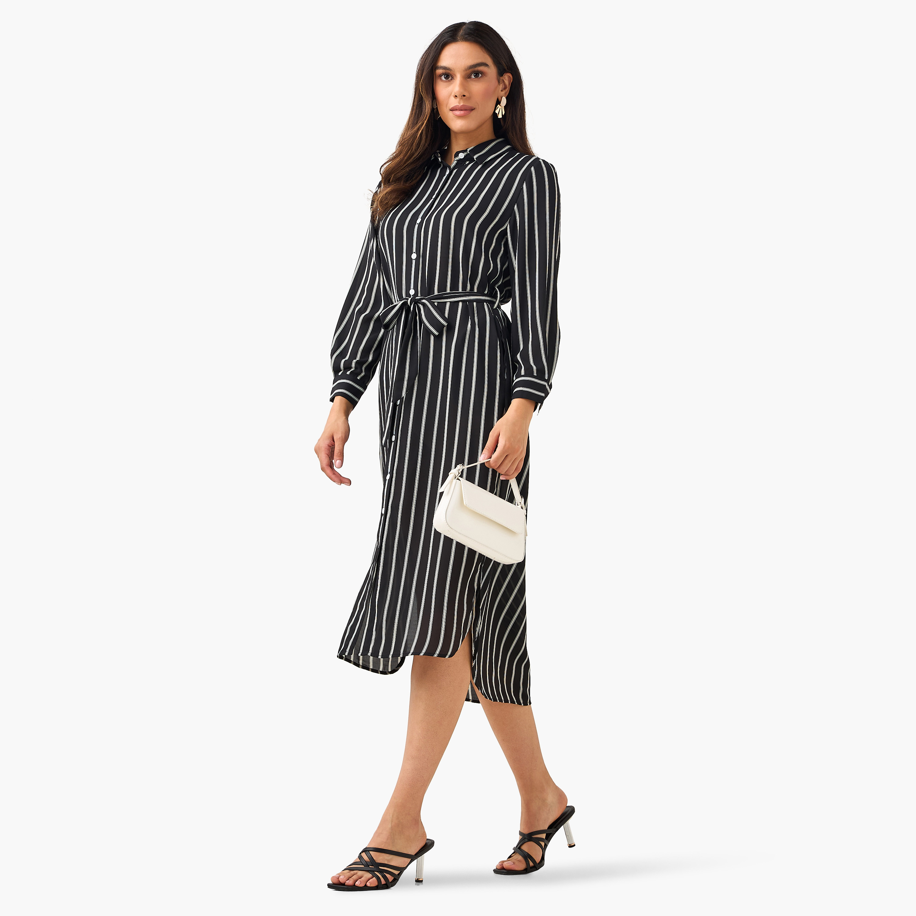 Striped Women Shirt Dress with Tie-Up Belt-women-clothing-dresses-image-3